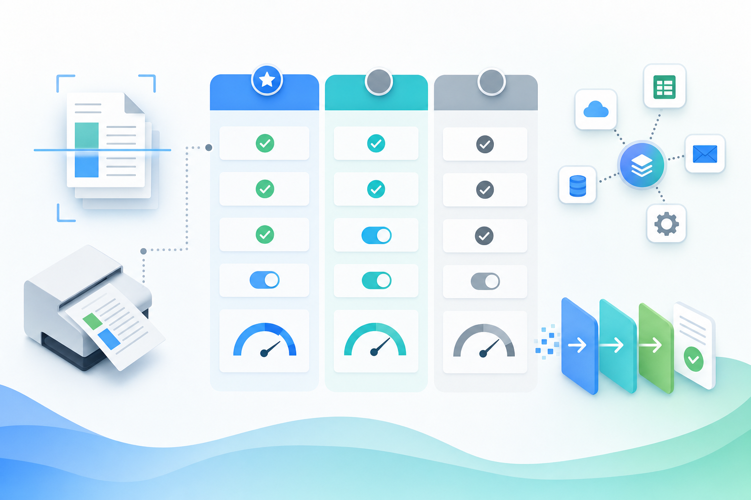 A clean, modern illustration showing software feature comparison concept. Display abstract interface elements like checkmarks, toggles, and capability indicators arranged in a comparison layout. Show visual representations of automation features: document scanning symbols, data flow arrows, integration connection points, and processing speed indicators. Use a professional color palette of blues, greens, and grays with subtle gradients. Flat or isometric design style, technical but approachable, no text or letters visible.