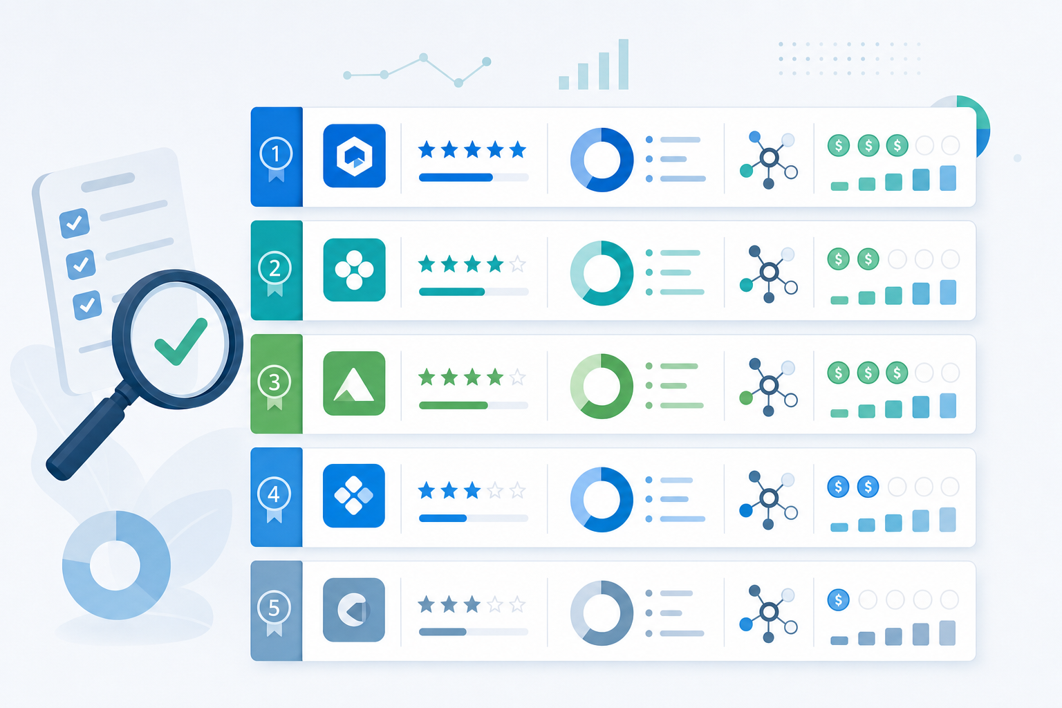 A clean, modern illustration showing a methodical evaluation process for software tools. Display five abstract software interface cards or panels arranged in a grid or ranking layout, with checkmarks, star ratings, and data points visible. Use a professional color palette of blues, greens, and grays. The scene should convey careful assessment and comparison, with visual elements suggesting accuracy metrics, integration symbols, and pricing indicators. Isometric or flat design style, no text or letters.