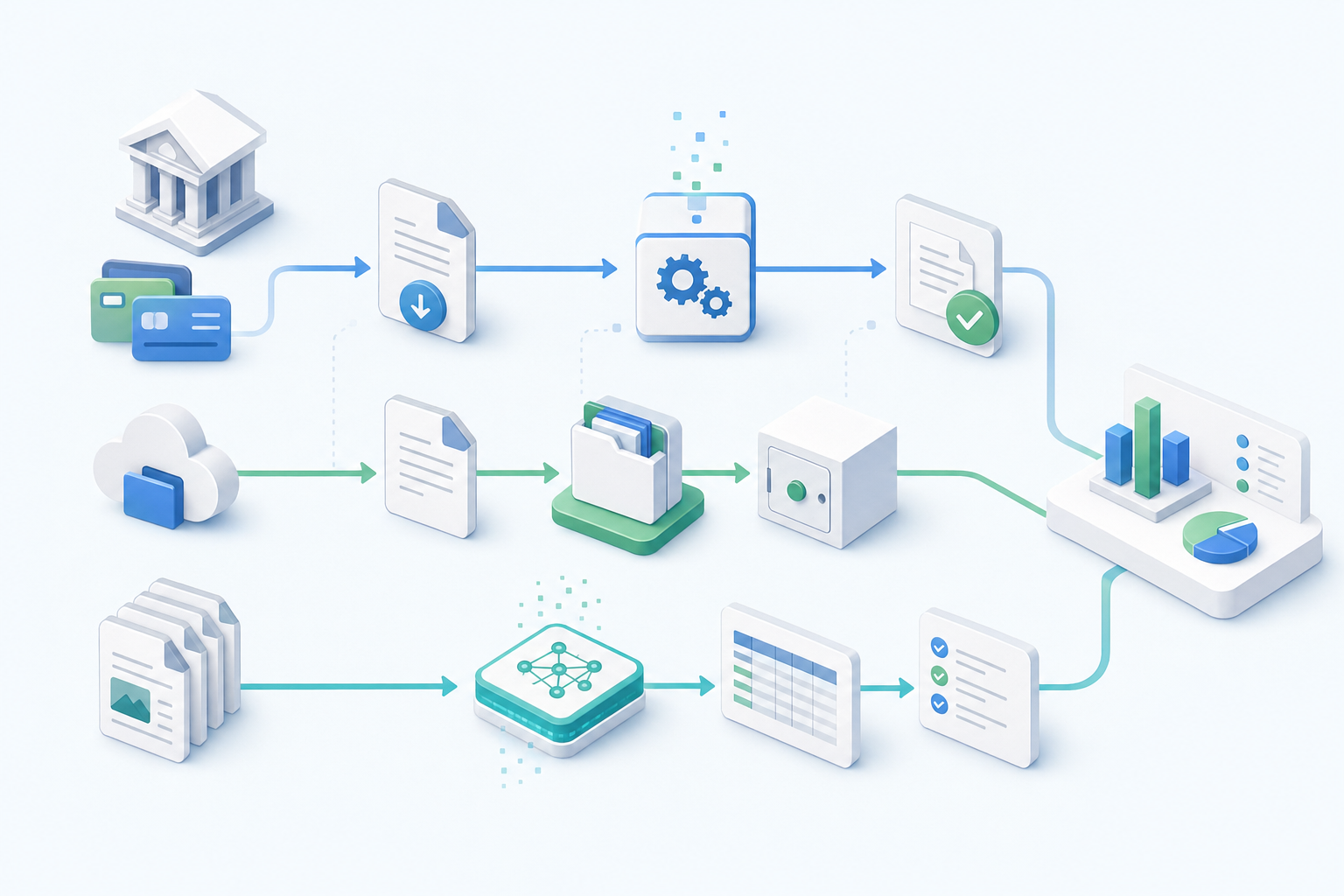 A clean, modern workflow diagram showing document processing stages for accounting software. Three distinct pathways: one showing documents being automatically fetched from bank portals and processed, one showing documents being stored in organized folders, and one showing detailed line-item data extraction with AI analysis. Use soft blue and green colors, minimalist style, isometric perspective, professional business illustration with icons for documents, cloud storage, and automated processing flows. No text or letters in the image.