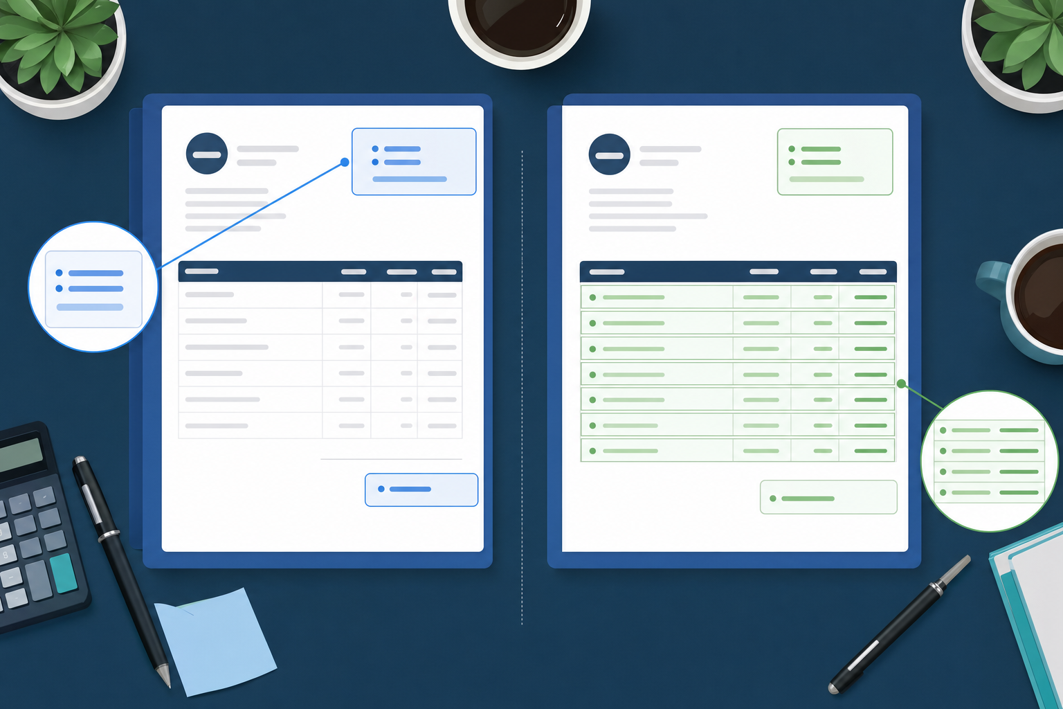A detailed invoice document showing the difference between partial and complete data extraction. Left side: invoice with only the header highlighted (supplier name, date, total amount at top). Right side: same invoice with every line item row highlighted (descriptions, quantities, prices, account codes). Modern flat illustration style, professional color palette with blue and green accents, clean business aesthetic, overhead view of desk with invoice, no text or letters visible in the image.