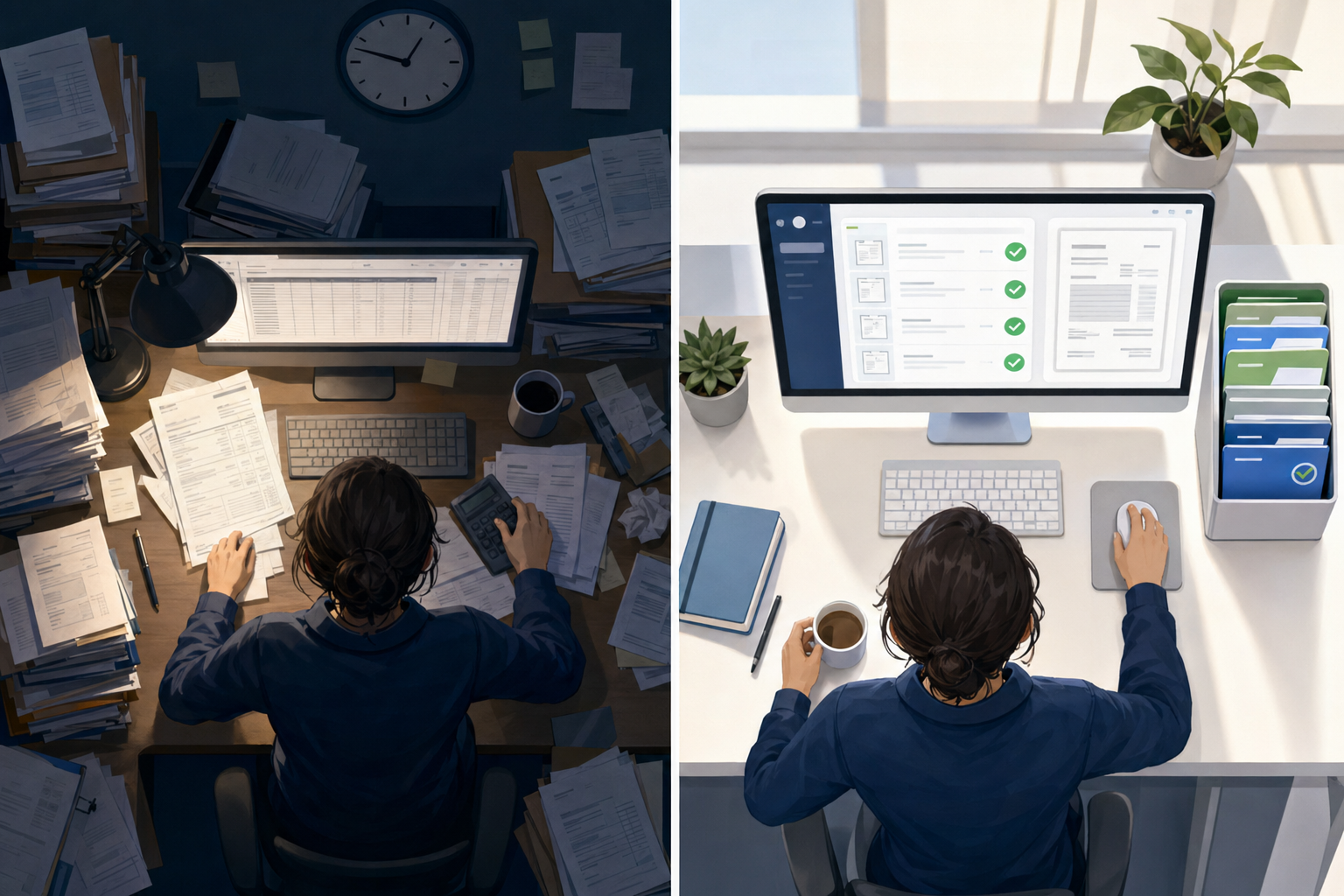 A split-screen comparison showing accounting workflow efficiency: on the left side, a stressed accountant manually typing data from paper invoices at a cluttered desk with stacks of documents, dim lighting, clock showing late hours; on the right side, a relaxed accountant reviewing automatically processed digital invoices on a modern computer screen with checkmarks and organized digital files, bright natural lighting, clean workspace. Modern flat illustration style, professional color palette with blue and green accents, overhead perspective.