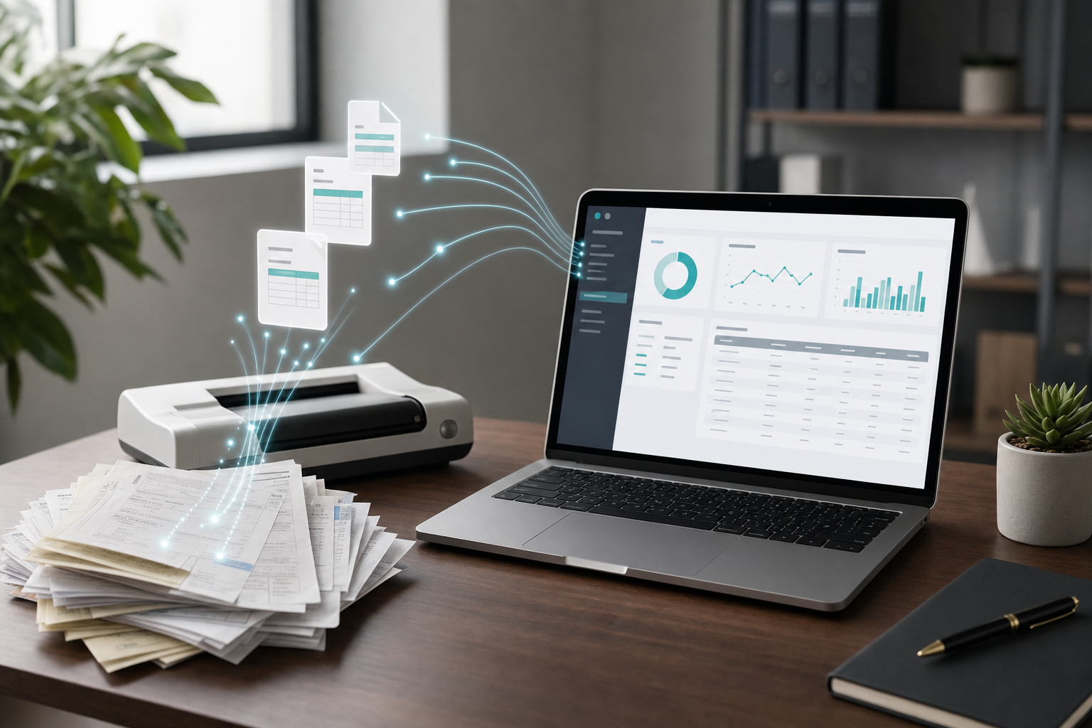 Modern office desk with laptop displaying accounting software dashboard, stack of invoices and receipts being scanned, AI visualization with document extraction process shown through floating data points and connection lines, clean professional workspace, natural lighting, business technology concept, realistic photography style