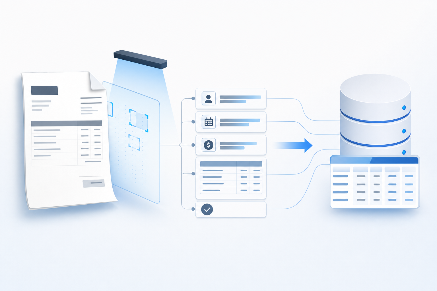 A clean, modern illustration showing the OCR invoice processing workflow: a paper invoice document on the left being scanned, with digital data fields (like supplier name, date, amounts, line items) being extracted and flowing toward a structured database or accounting ledger on the right. Use a minimal, professional style with blues and greys, showing the transformation from physical document to structured digital data. No text or labels in the image.