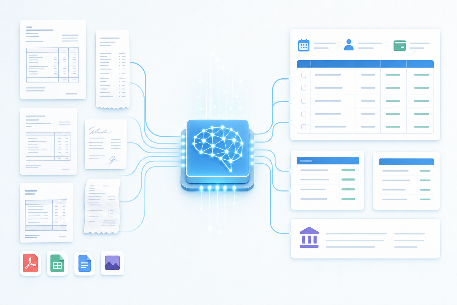 A clean, modern illustration showing AI-powered document processing workflow: multiple invoice documents and receipts in different formats and languages flowing through an automated system with data being extracted and organized into structured fields like line items, amounts, dates, and account codes. Professional business illustration style with soft blues and whites, showing the transformation from unstructured documents to organized data without any text labels.