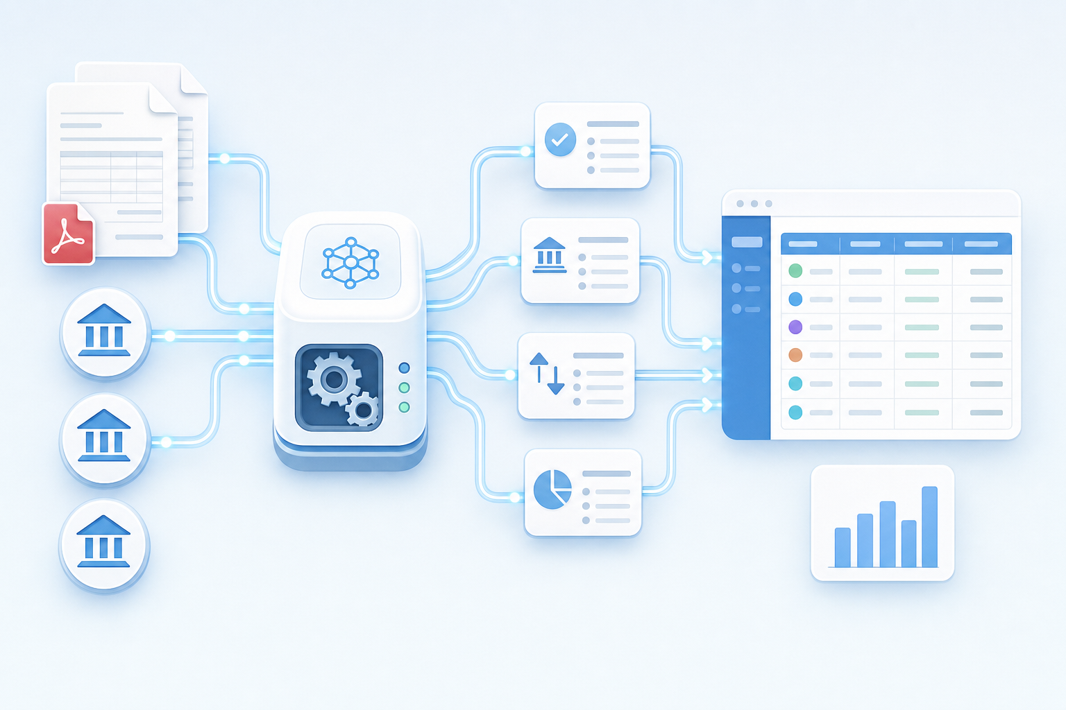 A clean, modern illustration showing bank statement automation workflow: multiple PDF bank statements and transaction data flowing through an automated system with live bank feeds connecting to accounting software, transactions being categorized and organized into structured data streams. Professional business illustration style with soft blues and whites, showing the transformation from PDF documents and bank feeds to organized transaction data in a ledger system.