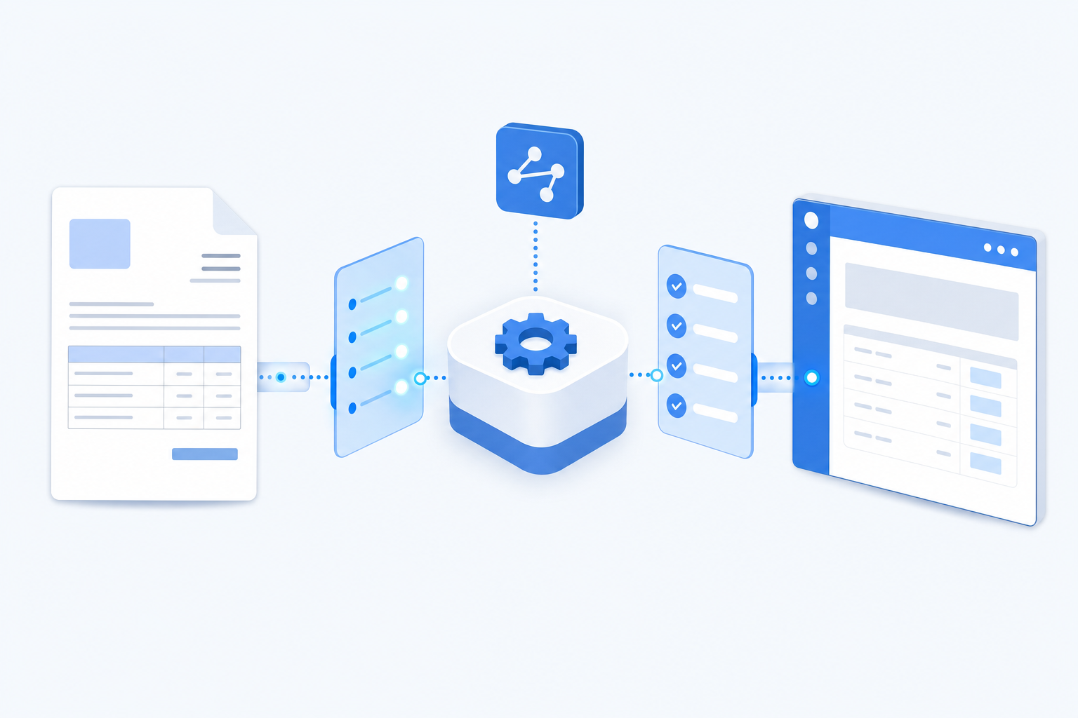 A clean, modern illustration showing the flow of invoice data through an API integration. Show a document or invoice on the left side, flowing through a processing pipeline with data extraction elements in the middle, and connecting to accounting software interface on the right. Use a simple color palette with blues and whites. Isometric or flat design style. No text, words, or letters.