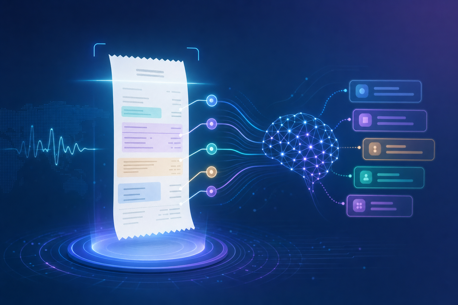 A modern digital illustration showing AI processing a receipt document with mixed languages. The image should show a receipt being scanned with abstract AI neural network patterns and data extraction visualization. Use a clean, professional style with blue and purple gradient colors. Show abstract data points, lines connecting different parts of the receipt to suggest intelligent field recognition. The scene should convey automated document understanding and multilingual text recognition through visual metaphors like glowing highlights and connection nodes. No text or letters should appear in the image.