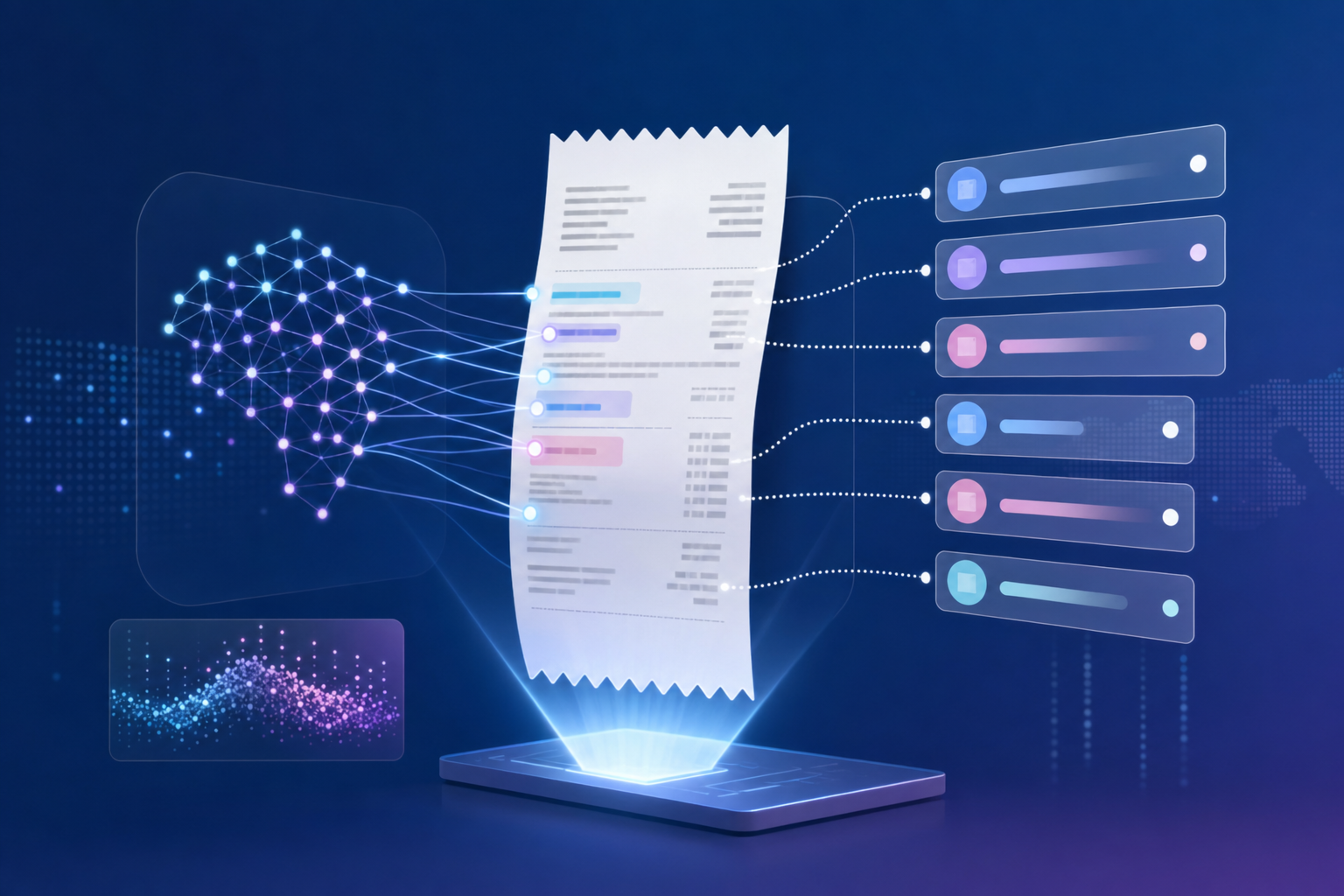 A modern digital illustration showing AI processing a receipt document with mixed languages. The image should show a receipt being scanned with abstract AI neural network patterns and data extraction visualization. Use a clean, professional style with blue and purple gradient colors. Show abstract data points, lines connecting different parts of the receipt to suggest intelligent field recognition. The scene should convey automated document understanding and multilingual text recognition through visual metaphors like glowing highlights and connection nodes.