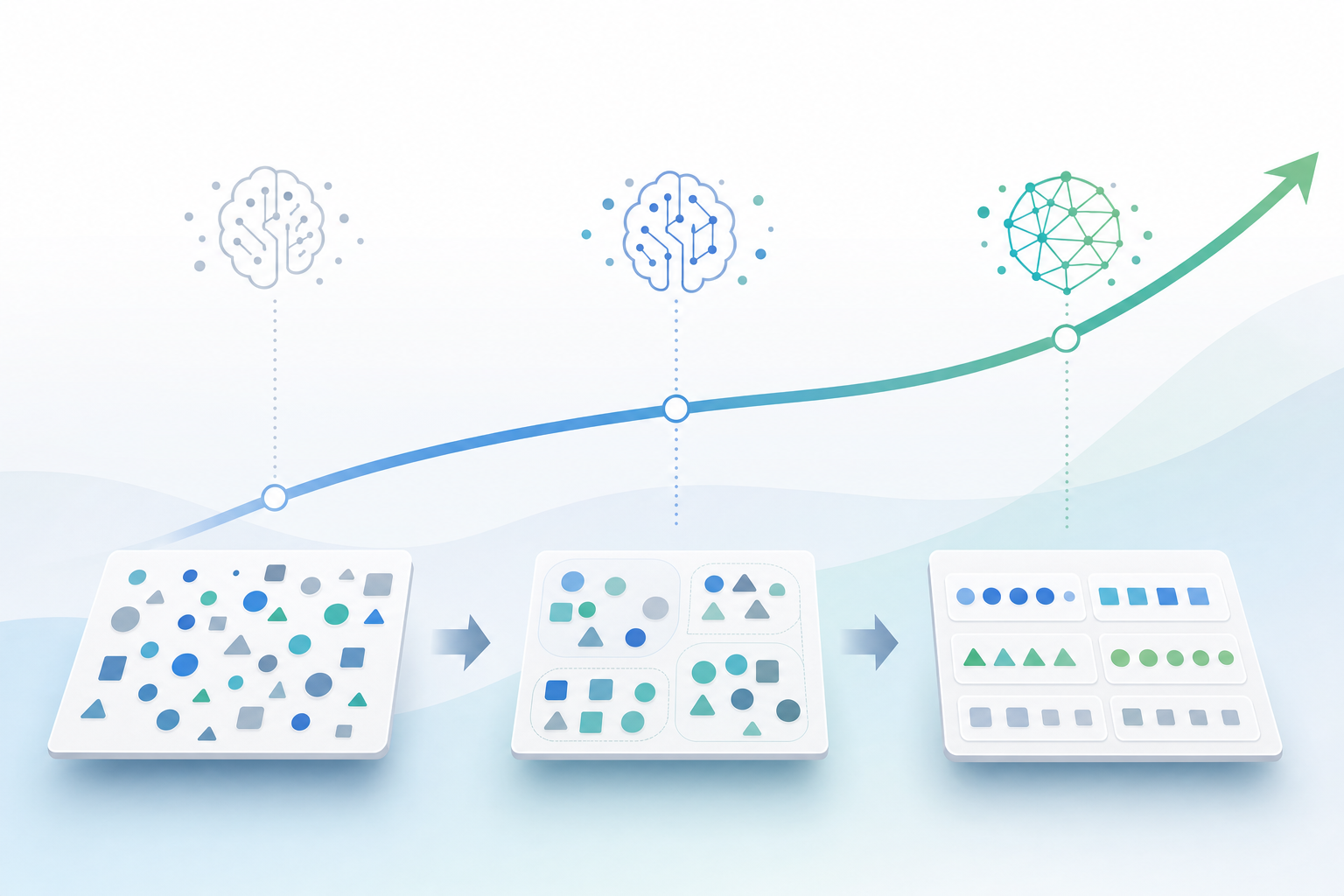 A clean, modern illustration showing AI learning and improvement over time in a business context. Visualize a progression from month 1 to month 3, depicting accuracy improvement through an upward trending curve or growth pattern. Show data becoming more organized and refined over time, with visual elements suggesting pattern recognition and machine learning. Use professional colors like blues, greens, and grays. The style should be minimalist, technical, and suitable for a business software article about accuracy improvement. No text, words, letters, or numbers should appear in the image.