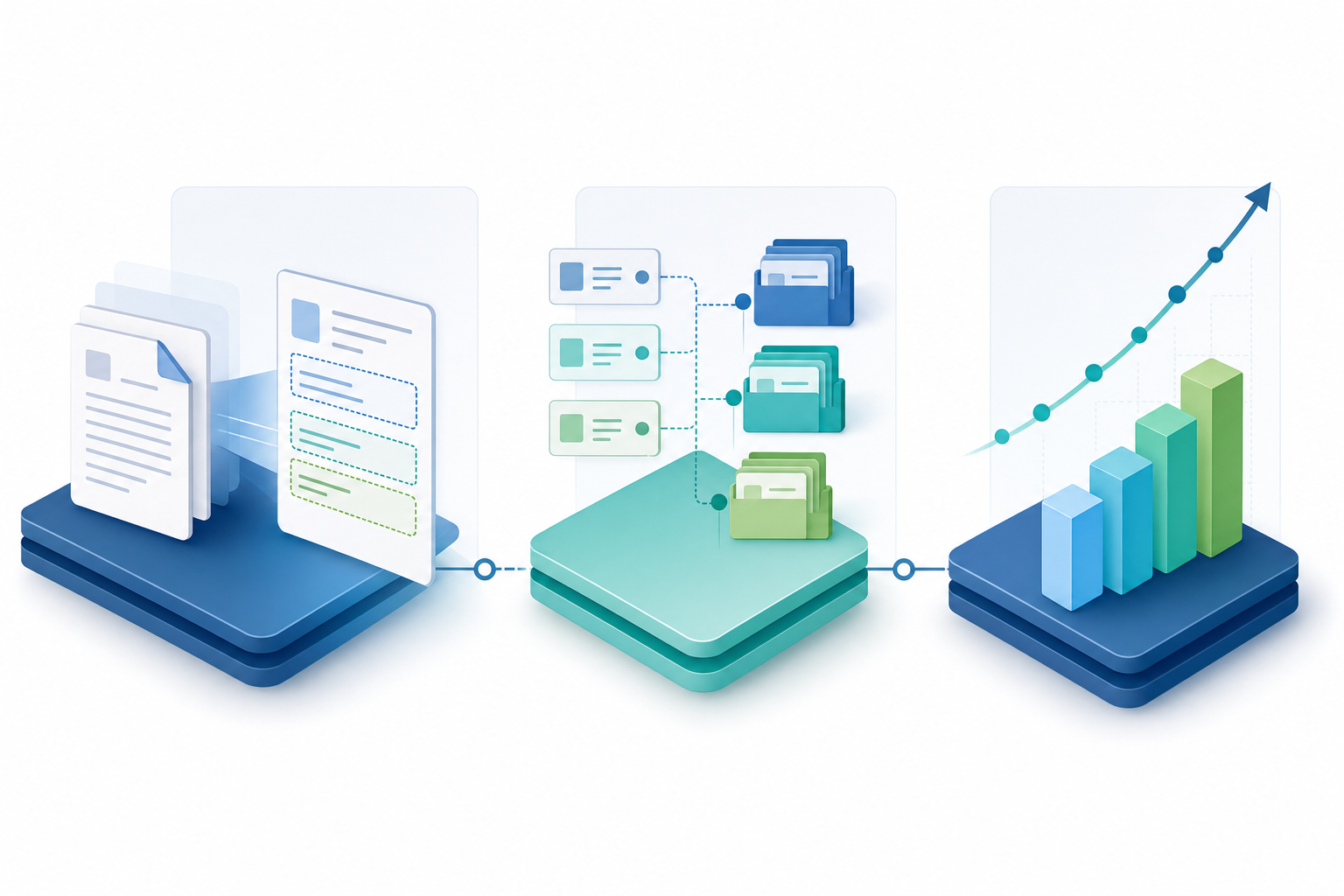 A clean, modern illustration showing three distinct layers or stages of accuracy measurement in AI document processing. The visual should depict the progression from data extraction (documents with fields being identified) to coding/categorization (items being sorted into categories) to learning/improvement over time (upward trending improvement). Use a professional color palette with blues and greens. The style should be minimalist, technical, and suitable for a business software article. No text, words, or letters should appear in the image.