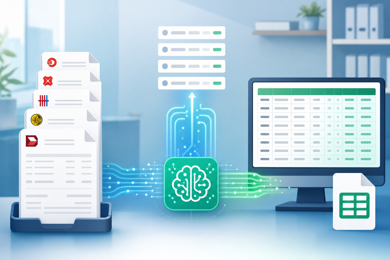 A clean illustration showing bank statement processing workflow: left side shows a stack of PDF bank statements from multiple banks (OCBC, DBS, UOB, Maybank, CIMB logos visible on documents), center shows AI processing with data extraction flowing upward as structured transaction lines, right side shows organized CSV data rows ready for import. Modern accounting office setting, professional blue and green color palette, flat illustration style, no text or words in the image.