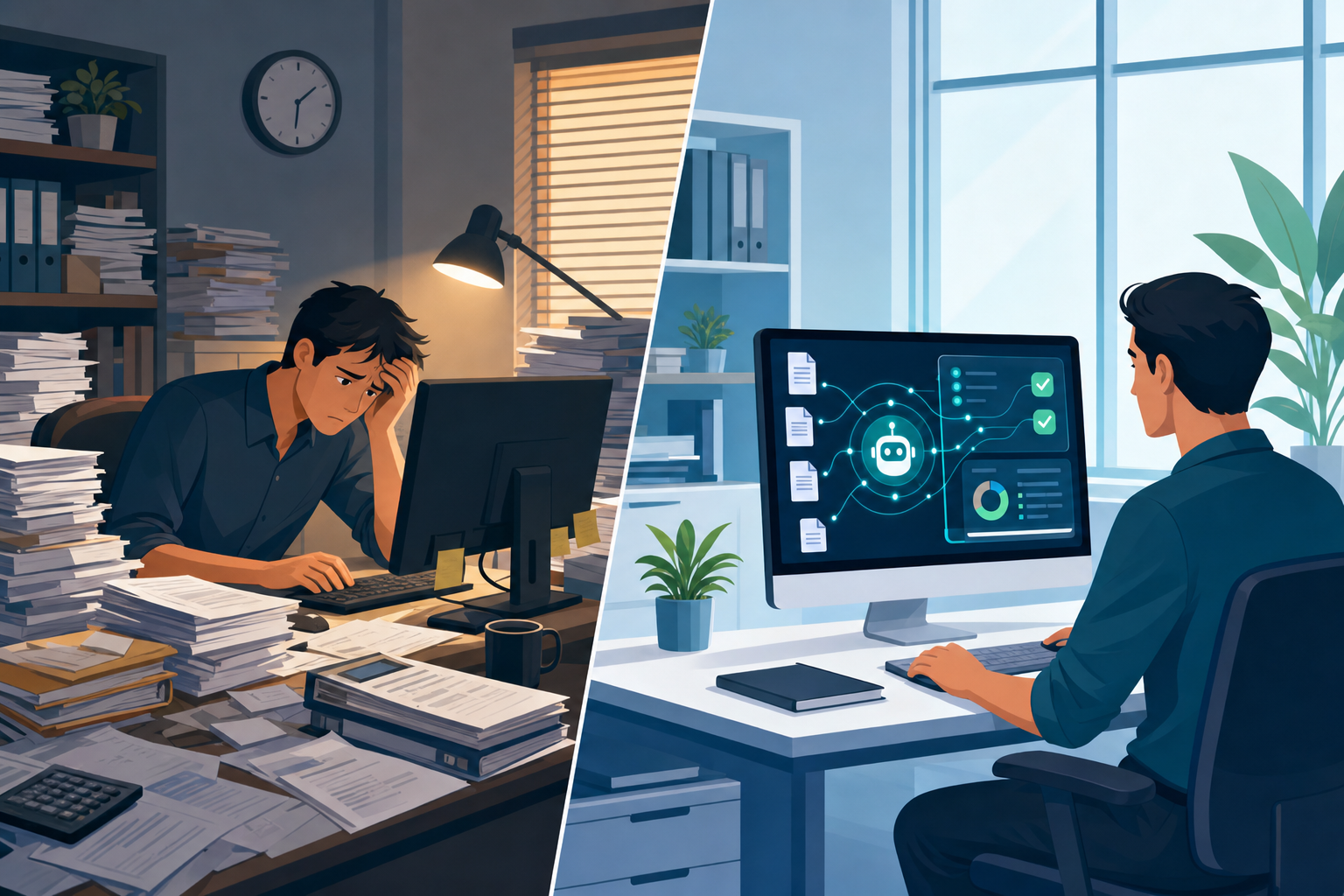 A split-screen illustration showing contrast between manual bookkeeping and AI automation. Left side: a person sitting at a desk typing on a computer keyboard with stacks of paper invoices and documents piled up, looking tired and overwhelmed, warm office lighting. Right side: the same desk but clean and organized, with a computer screen showing automated data flowing smoothly, modern AI interface elements, calm and efficient atmosphere. Professional accounting office setting, modern flat illustration style, blue and green color palette.