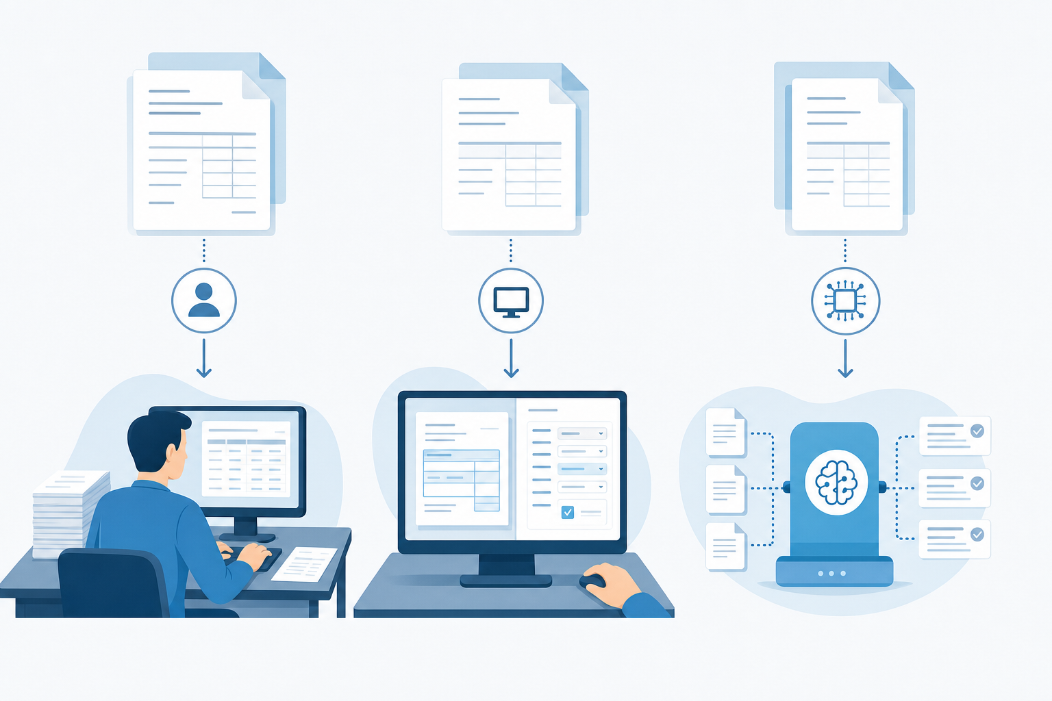 A clean, modern illustration showing three distinct workflow paths side by side, representing different invoice processing methods in an accounting office setting. The left path shows a person manually typing at a computer with paper documents, the middle path shows a computer screen with partially automated data extraction with some manual corrections, and the right path shows a streamlined automated system with AI processing documents. Use a professional blue and white color palette with simple, clear iconography. No text, labels, or letters in the image.