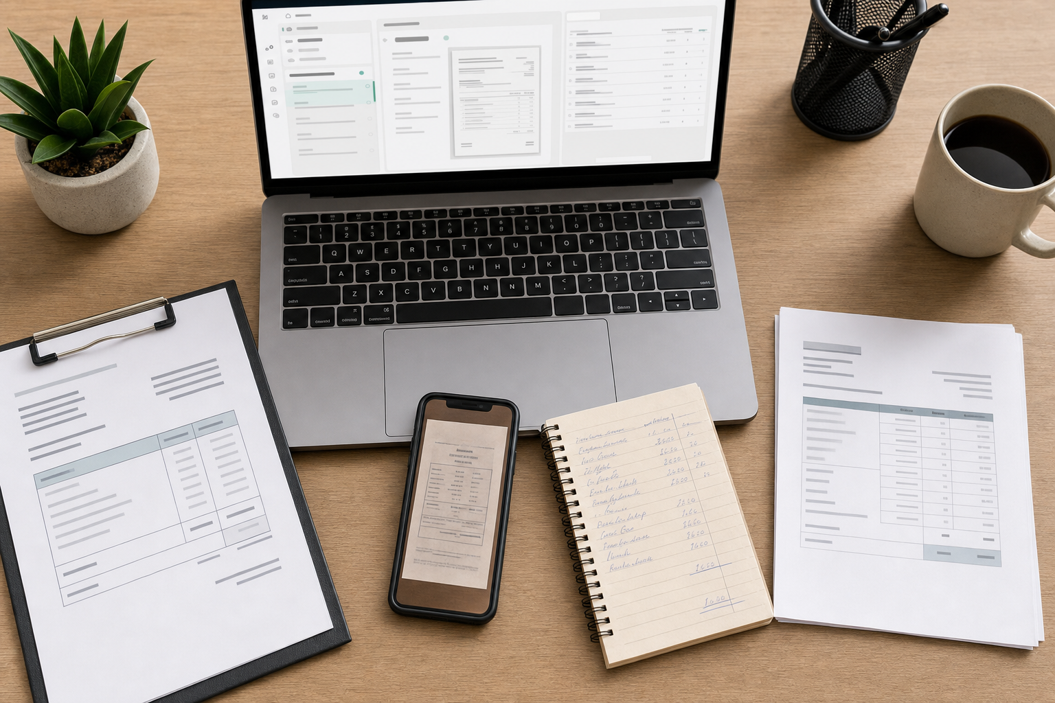 A desk workspace showing multiple construction subcontractor invoices in different formats: a printed PDF invoice, a photographed paper invoice on smartphone screen, a handwritten receipt, and a scanned document, arranged on a desk with a laptop showing accounting software interface. Realistic office setting with natural lighting, professional photography style, overhead view showing the variety of document formats.