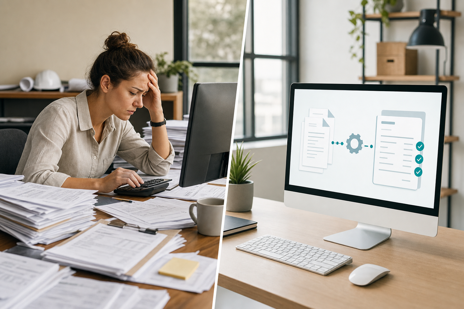 Split screen comparison showing accounting workflow contrast: left side shows a stressed bookkeeper at desk manually typing invoice data from paper documents into computer with stacks of construction invoices piled around, right side shows a calm organized workspace with automated digital invoice processing on screen with clean minimal desk setup, professional office photography style, natural lighting, realistic business environment