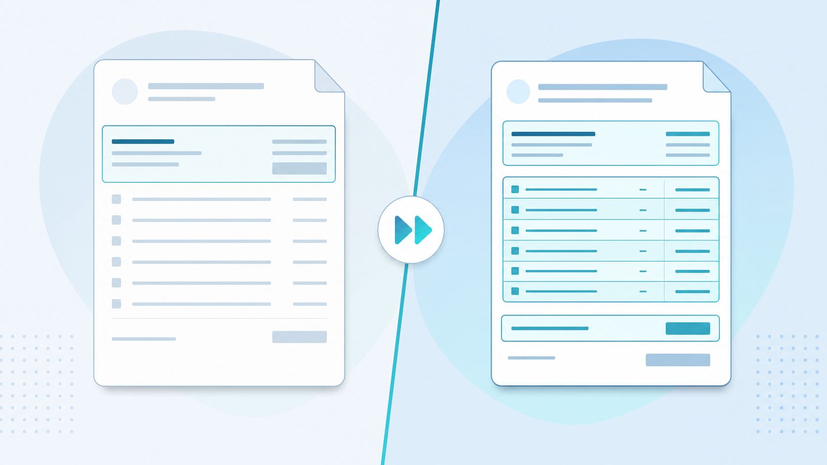 A split-screen comparison illustration showing two invoice processing approaches: on the left side, a simplified invoice with only the header highlighted (supplier name, date, total), and on the right side, the same invoice with every individual line item highlighted and detailed. Modern, clean design with a professional accounting software aesthetic, blue and white color scheme, technical diagram style.