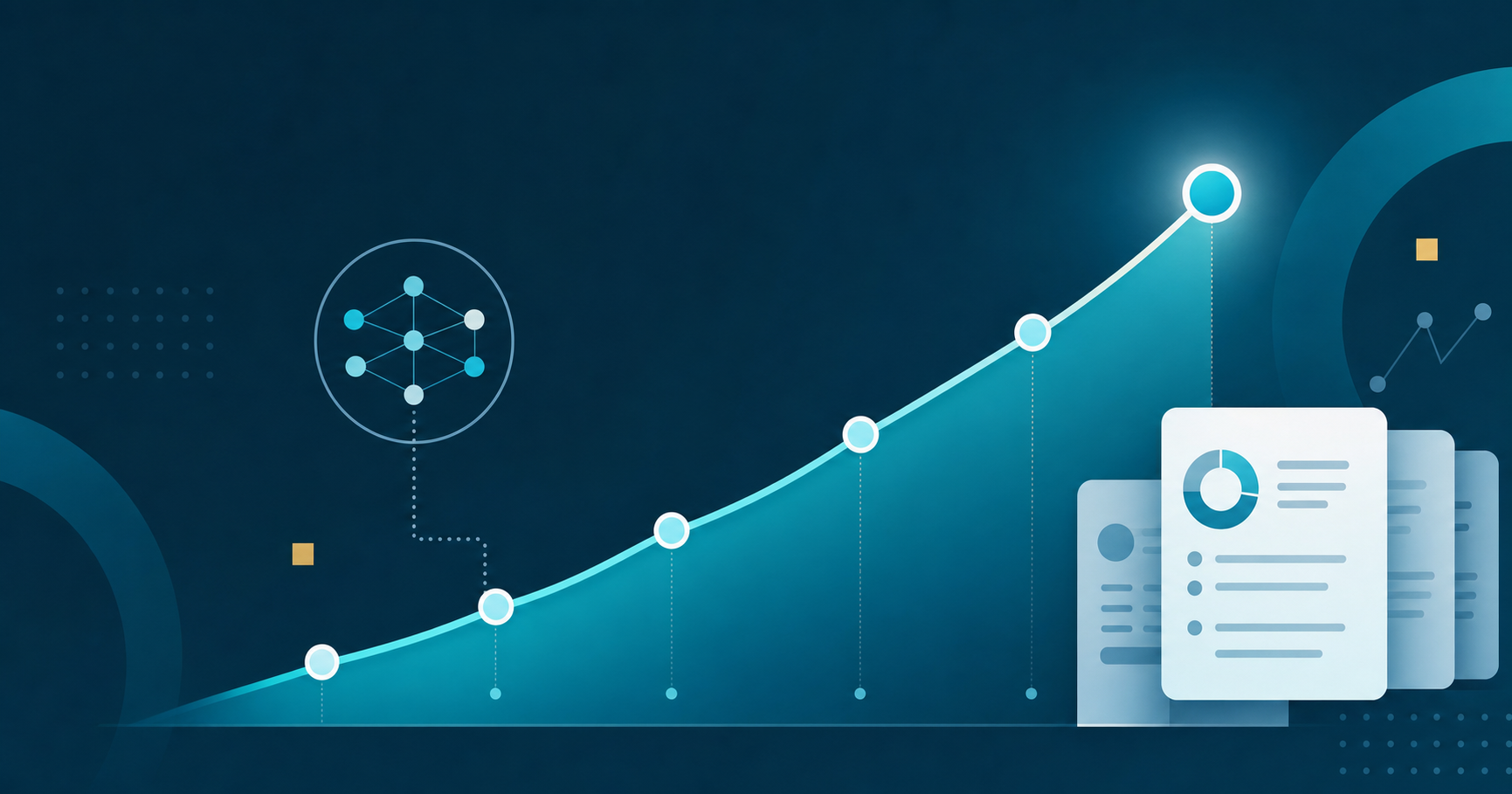 A clean, modern illustration showing an upward trending accuracy curve or graph, representing AI learning progression over time. The visual should show improvement from around 80% to 95%+ accuracy, with data points or nodes along an ascending path. Professional accounting software aesthetic, blue and white color scheme, technical diagram style with abstract geometric elements representing machine learning improvement. No text, words, or numbers should appear in the image.
