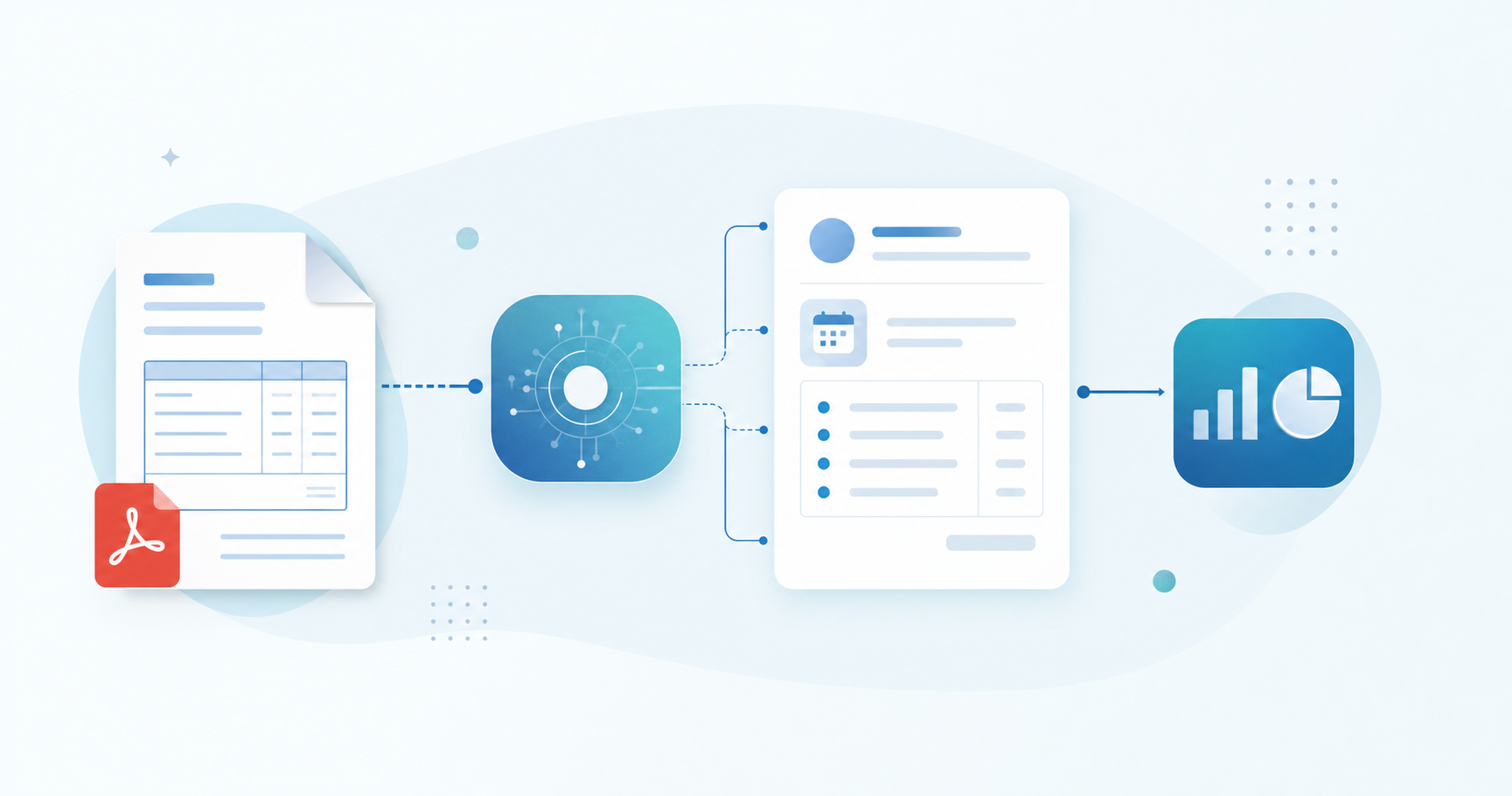 A clean, modern illustration showing an automated invoice processing workflow. Show a PDF invoice document flowing through an AI processing system with extracted data fields (supplier name, date, line items) being organized and structured, then connecting to accounting software. Use a flat design style with professional blue and white colors. The visual should represent data extraction and automation without any text or labels in the image.