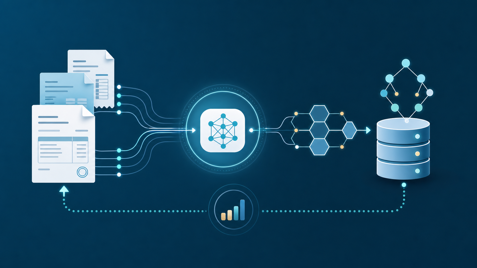 A modern illustration showing an AI learning system processing accounting documents. Visualize a flow where invoices and documents feed into a learning system that builds patterns and memory over time. Show visual elements like document icons, connection nodes, pattern recognition symbols, and memory storage, with arrows indicating the learning feedback loop. Use a clean, professional style with blue and white color scheme. The image should represent machine learning and pattern recognition in a business context without any text or labels.