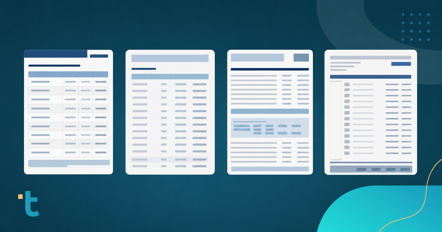 A clean, professional illustration showing four distinct document layouts side by side, each representing a different banking statement format with varying column structures, header arrangements, and data organization patterns. The documents should have different visual structures - one with multi-column layout, one with variable header spacing, one with embedded mid-document sections, and one with legacy formatting. Use a muted color palette of blues, grays, and whites. Modern, minimal design style suitable for a professional accounting software blog post. No text or letters visible on any documents.