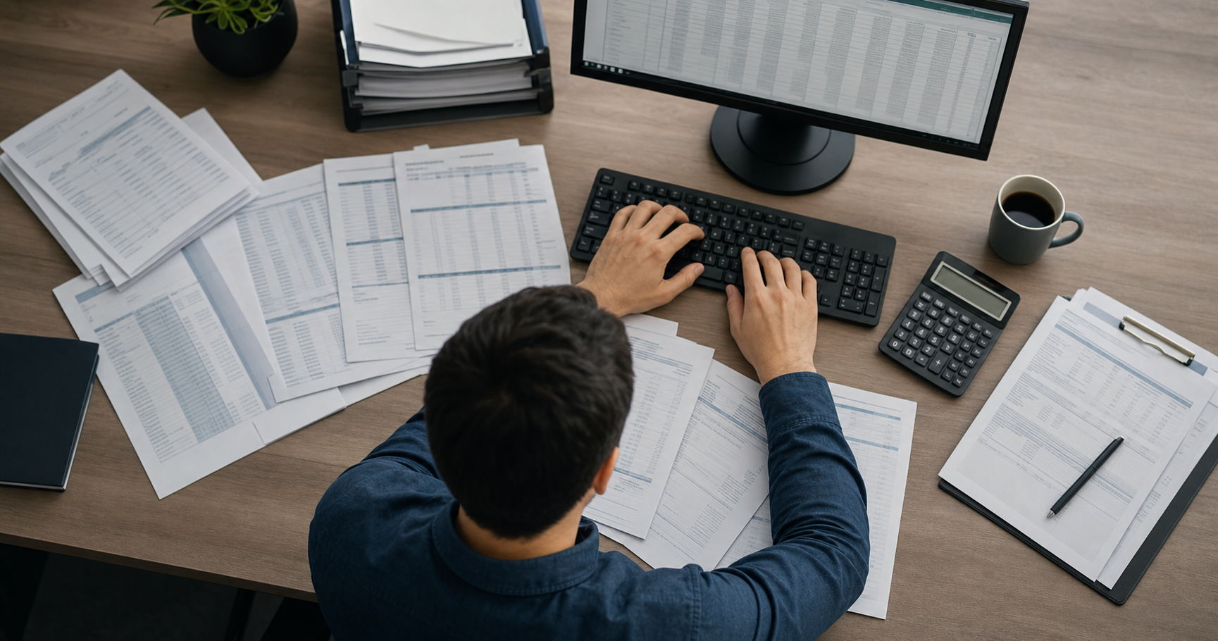 A professional office desk scene showing manual data entry work, with a person's hands typing on a keyboard while looking at printed bank statement documents spread across the desk. Multiple pages of financial statements visible, a computer monitor displaying spreadsheet software, calculator nearby, coffee cup suggesting long hours. Overhead perspective, muted professional color palette of blues, grays, and whites, realistic photography style, emphasizing the repetitive nature of the task. No text or numbers visible on any documents or screen.