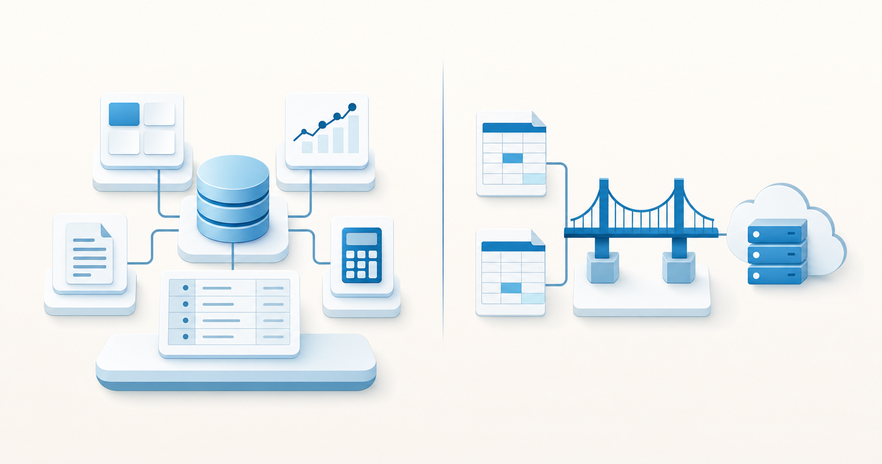 A clean comparison diagram showing two software approaches side by side. On the left, a full integrated accounting system with database, ledger icons, and complete workflow. On the right, a bridge or connector between spreadsheet icons and a government API cloud. Modern minimal corporate style, blue and white color scheme, isometric or flat design showing the architectural difference between full accounting software and bridging software. No text or labels.