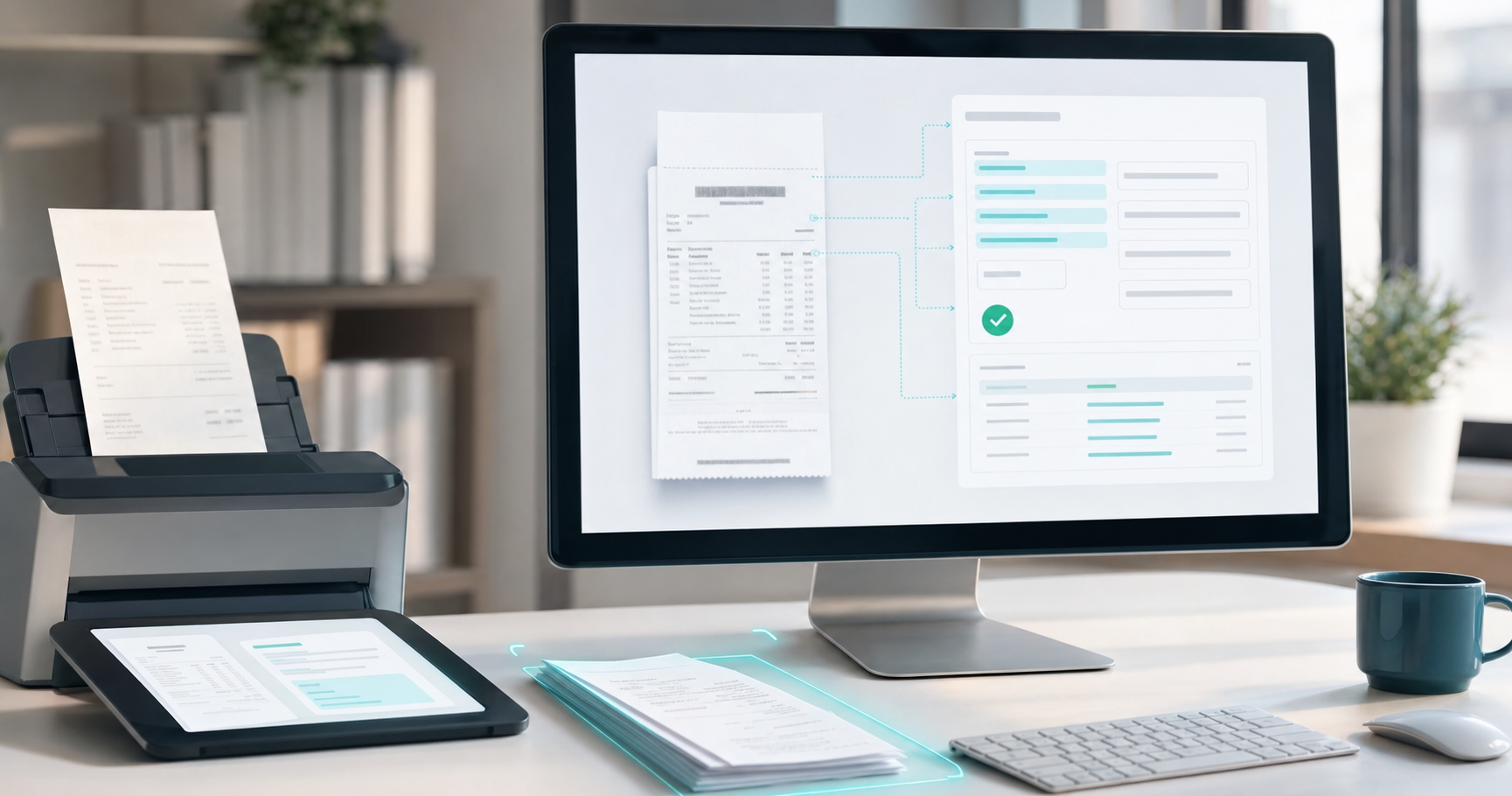 Modern office workspace showing automated document processing workflow, computer screen displaying invoice or receipt with highlighted data fields being extracted, clean professional interface with structured data fields visible, document scanner or digital tablet nearby, organized desk environment, soft professional lighting, photorealistic style, focused on technology and automation