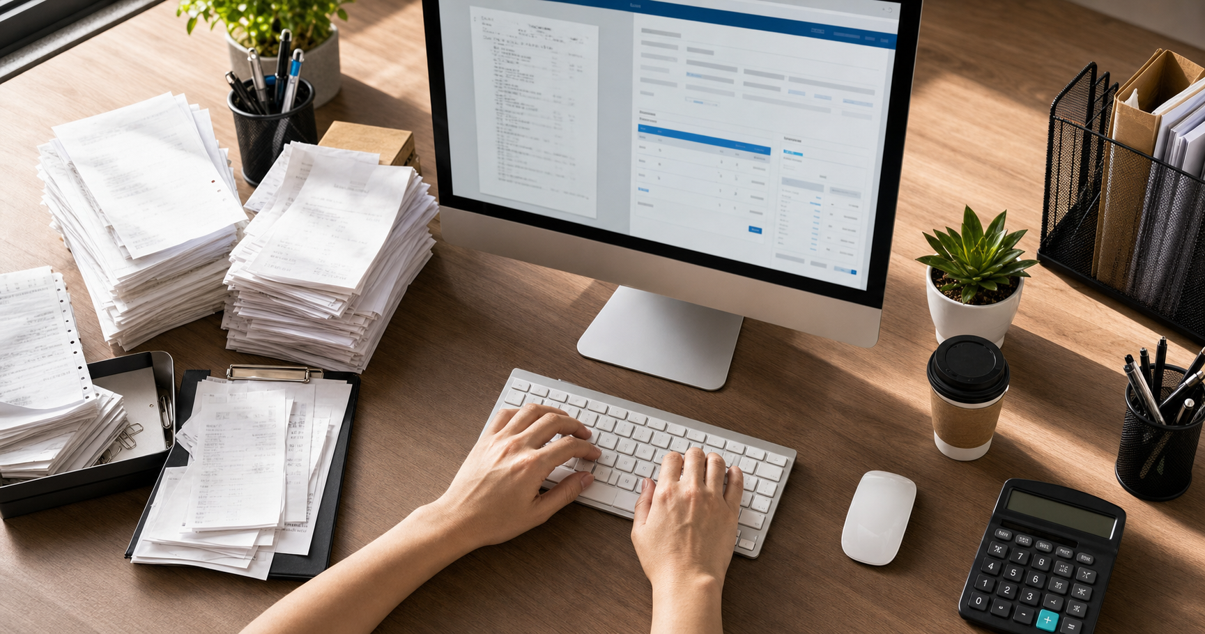 A desk workspace scene showing stacks of paper receipts with Traditional Chinese characters, a computer screen displaying accounting software interface, hands typing on keyboard, coffee cup, calculator nearby, office environment with natural lighting, photorealistic style, overhead angle view