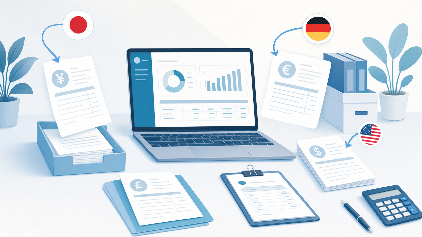 A flat-style illustration of a modern desk workspace with multiple international invoices and documents spread out, featuring currency symbols like yen, euro, dollar, and pound signs on the papers. A laptop shows a clean accounting dashboard. Documents arrive from different directions representing Japan, Germany, and the US, with small country flag color accents. Clean, minimal design with a soft blue and white color palette, professional business atmosphere, no people shown.