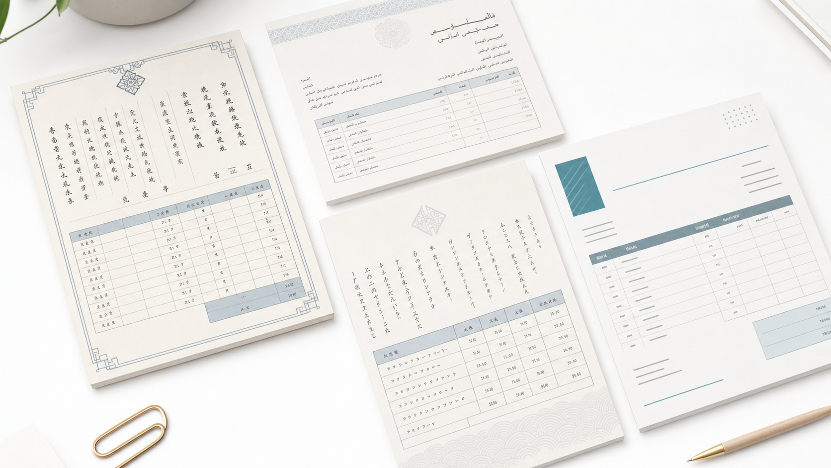 A flat-lay top-down view of four different paper invoices spread out on a clean white desk, each document featuring a distinct visual style representing different Asian scripts and layouts — one with dense logographic characters arranged in columns, one with curved script flowing across the page, one with geometric angular script characters, and one with clean Roman alphabet formatting. Subtle GST and line-item table grids visible on the documents. Soft natural lighting, minimal shadow, professional office atmosphere, no people, no hands.