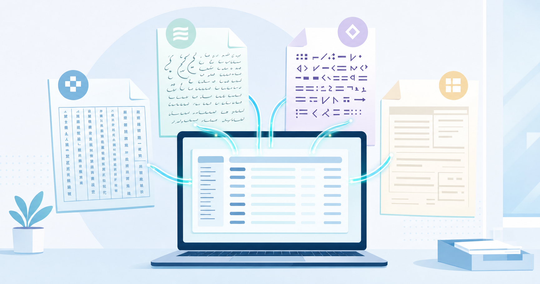 A clean, modern flat-lay illustration showing a laptop screen displaying a structured data extraction interface, with multiple invoice documents fanned out around it in soft pastel colors. Each document has a distinct visual pattern suggesting different scripts — one with dense logographic column arrangements, one with curved flowing character shapes, one with geometric angular marks, and one with clean block formatting. Glowing connection lines flow from each document into the laptop screen where rows of organized data fields appear. Soft blue and white tones, professional office context, no people, no hands, no text or characters visible.