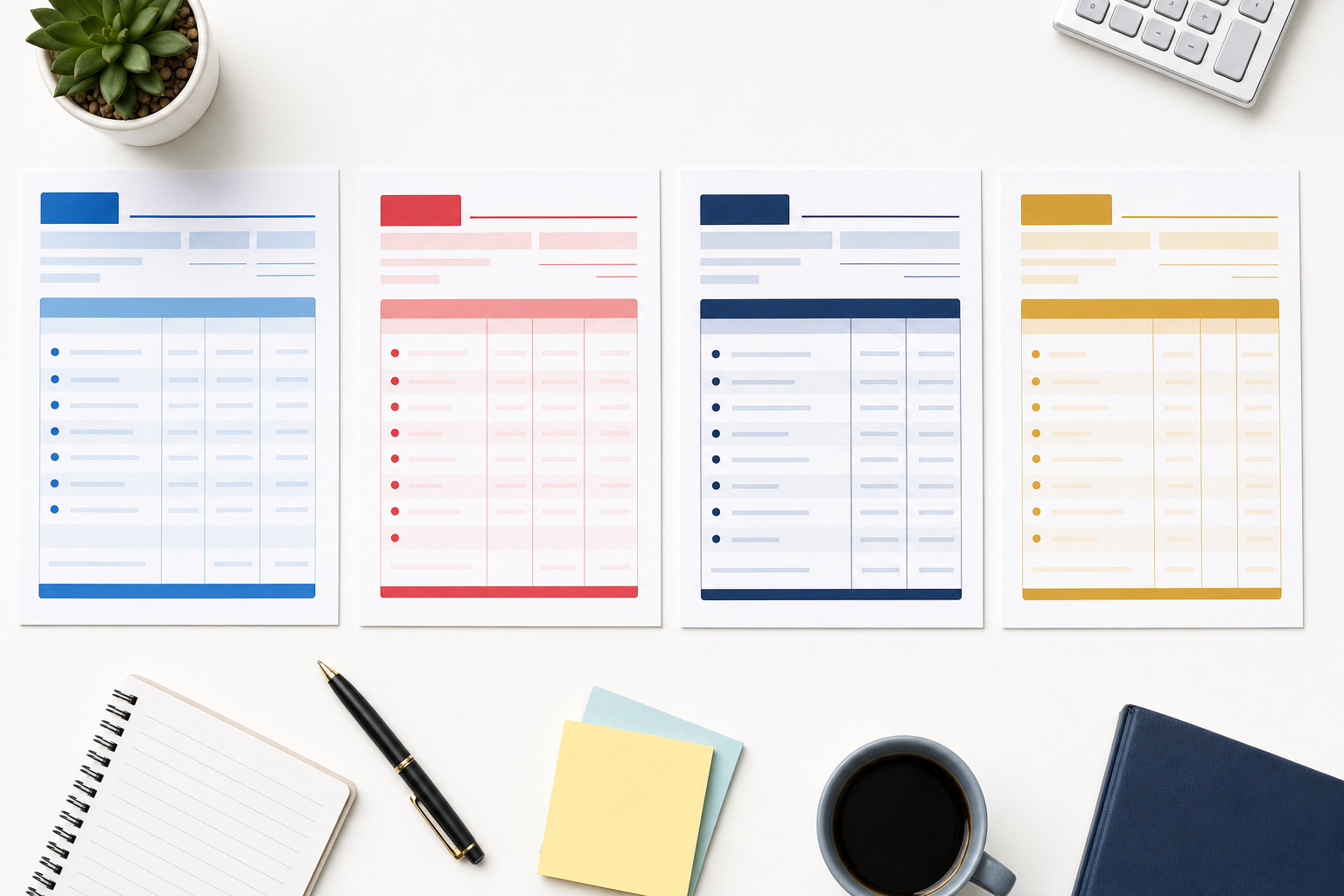 A flat-lay overhead view of four distinct paper bank statements arranged side by side on a clean white desk, each with a slightly different column layout and row structure, representing different financial institutions, with subtle color-coded headers in blue, red, dark blue, and gold tones, no text or words visible anywhere, clean minimalist accounting office aesthetic