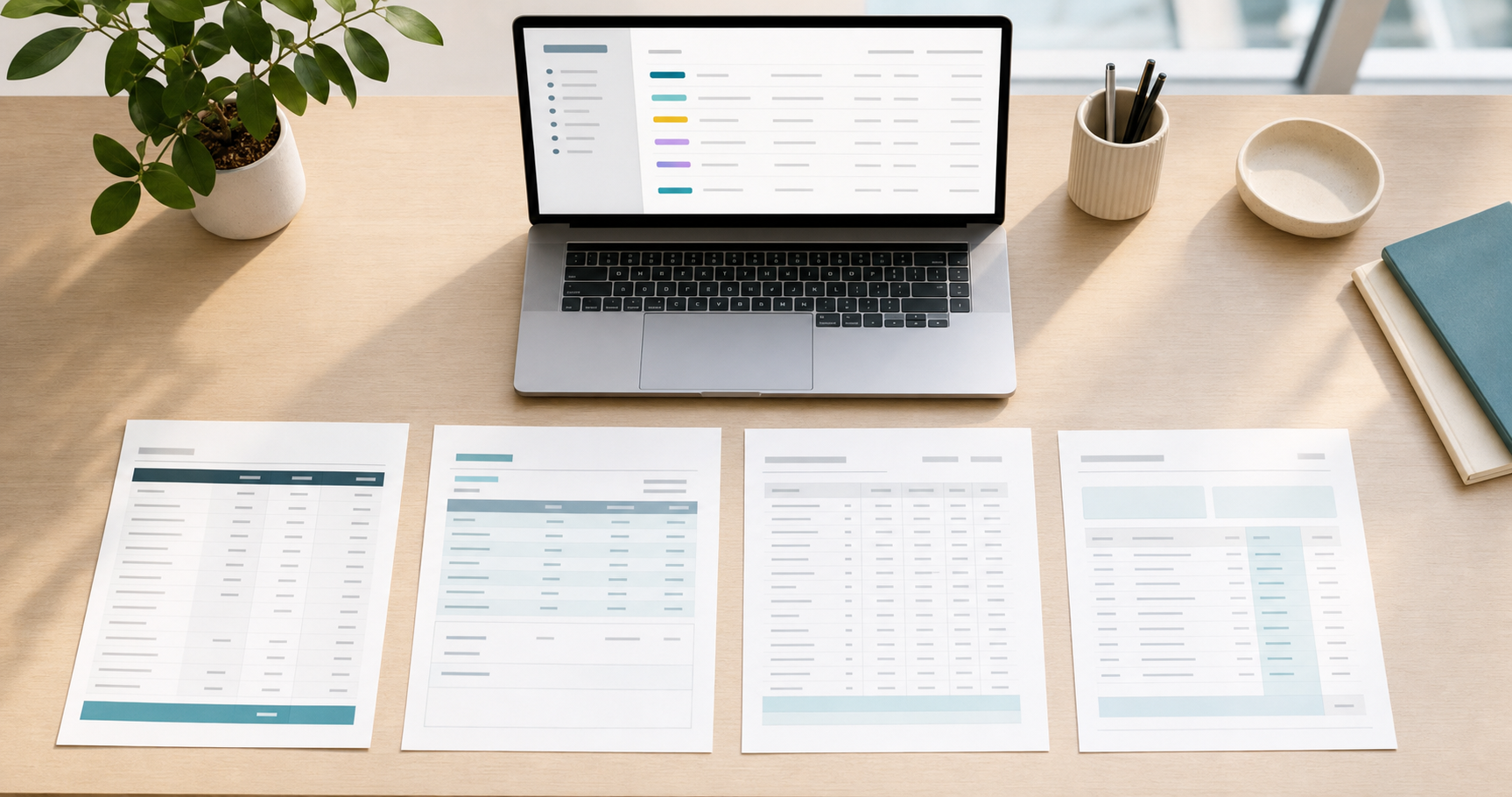A clean overhead view of a modern accounting office desk showing four different bank statement documents arranged neatly in a row, each with distinct column structures and layouts, a laptop displaying a organized digital dashboard with colored categorization rows, a small plant in the corner, soft natural light from a window, minimalist Scandinavian aesthetic, no text or labels visible anywhere