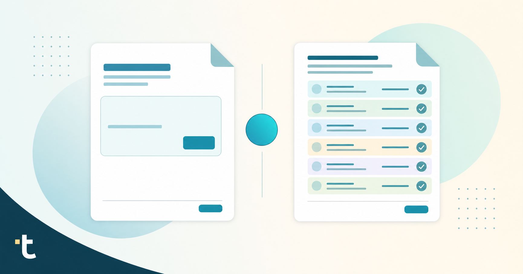 A clean flat-design illustration showing two contrasting invoice document styles side by side: on the left, a simplified invoice showing only a header summary block with a single total amount highlighted; on the right, a detailed invoice with multiple individual line item rows each in distinct colored bands, with small checkmark icons beside each row. Soft background gradient, modern professional aesthetic, no text or labels anywhere, minimal iconographic style with muted blues and greens.