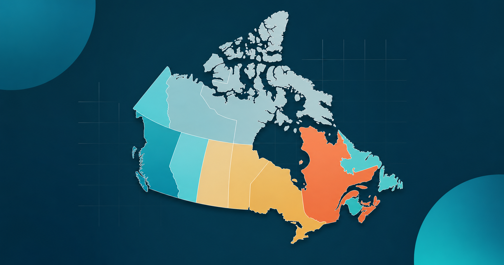 A stylized map of Canada with provinces highlighted in different warm and cool colors representing different tax rate zones, with subtle grid lines and a clean flat design aesthetic, no labels or text, professional infographic style with soft gradients and modern cartographic illustration