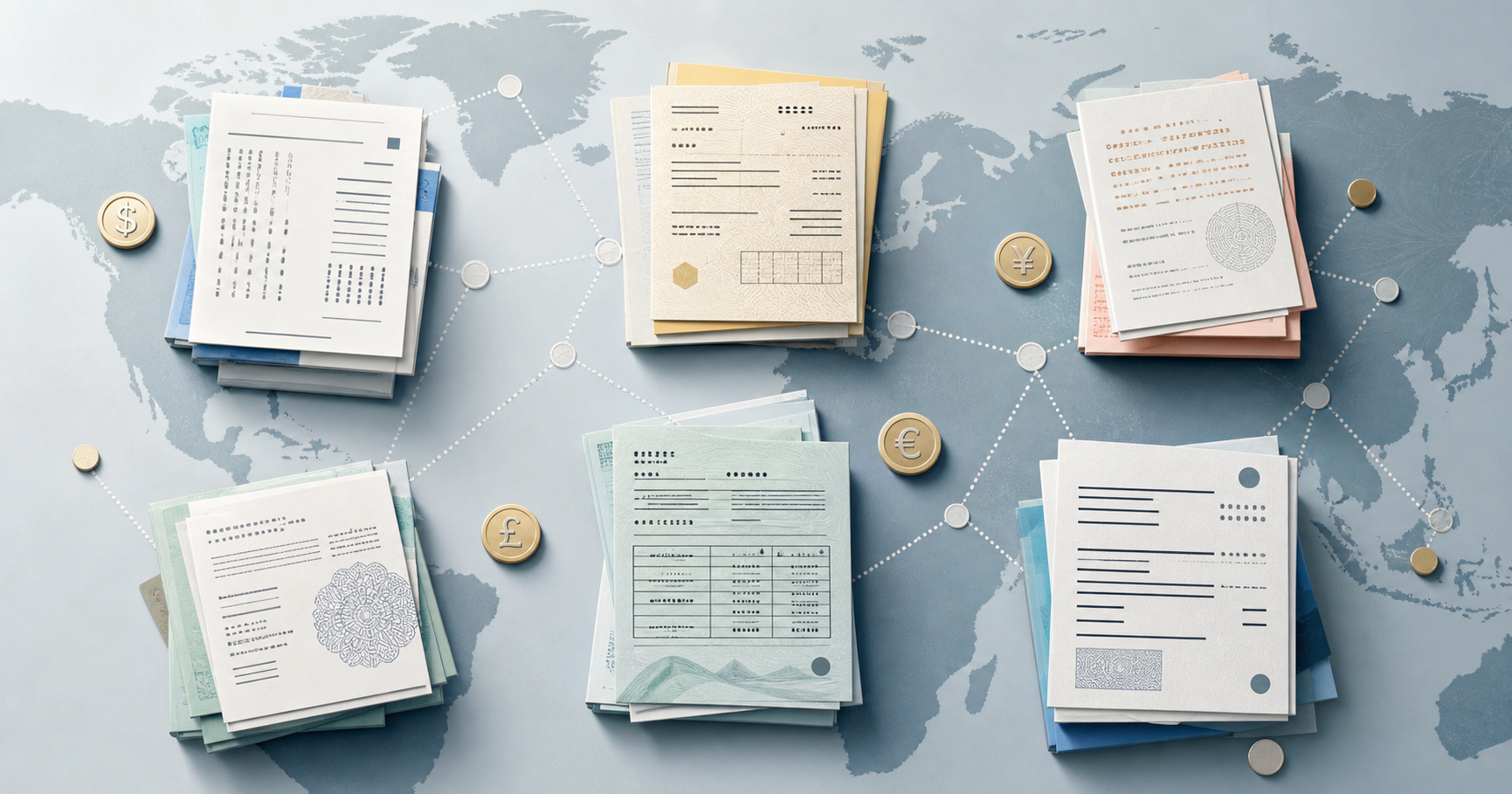 An overhead flat-lay of neatly stacked international business documents and supplier invoices, each with different abstract script-like textures and patterns suggesting different writing systems (no readable text or letters), connected by faint dotted lines forming a subtle global network pattern across a world map background, small coin and currency symbol icons scattered subtly among the documents, muted professional color palette, soft natural lighting, photorealistic style, shallow depth of field