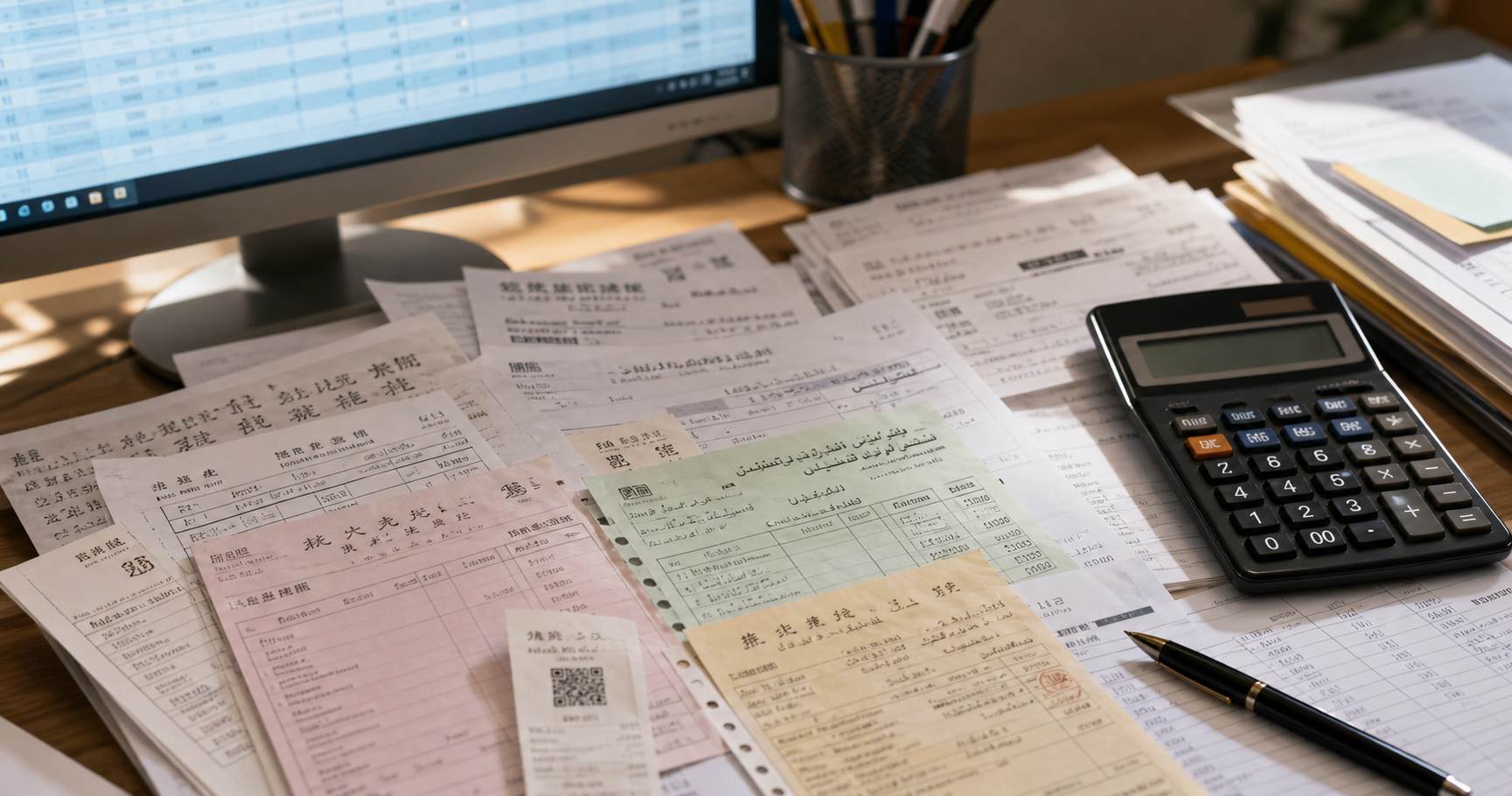 A close-up overhead photo of a cluttered accountant's desk with several international paper invoices and receipts in different scripts (Asian and Middle Eastern style characters, non-Latin), a calculator, a pen, and a computer monitor showing spreadsheet rows in the background, warm office lighting, realistic photography style, no text or legible words visible