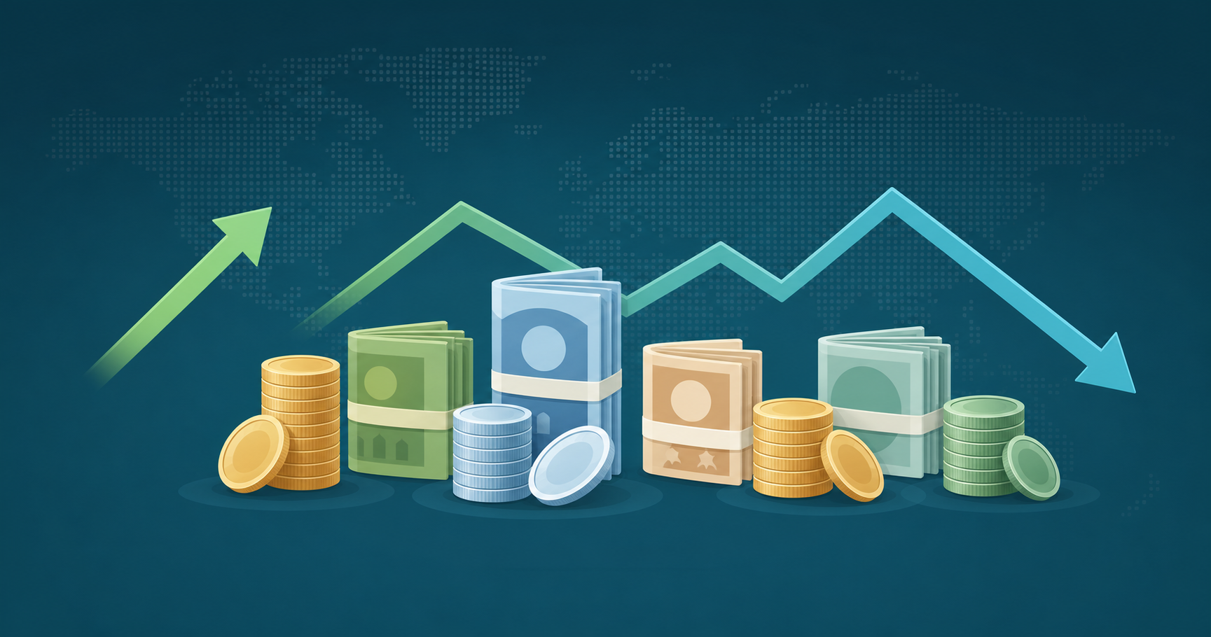 A clean, modern illustration of currency exchange concept: stacks of coins and folded banknotes from different countries arranged next to a rising and falling arrow graph line, with a subtle world map texture in the background, soft blue and green color palette, flat design style, no text or numbers