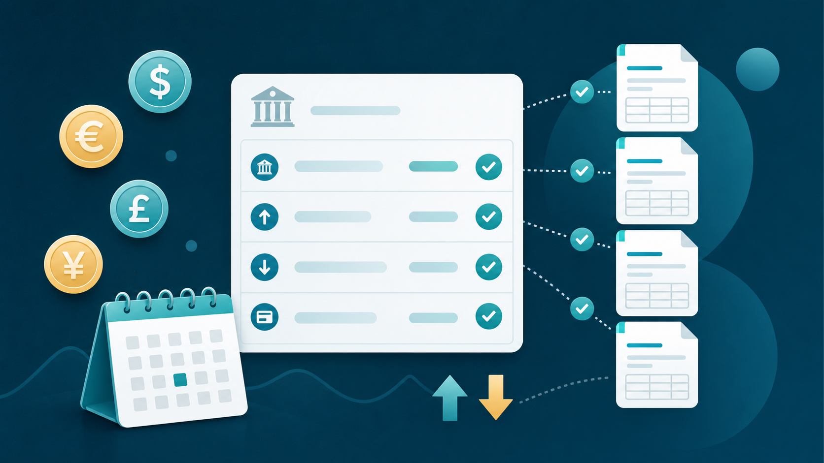 A clean, modern flat-style illustration depicting bank transaction reconciliation across currencies: a bank statement/ledger with rows of transactions being matched by checkmarks to invoice icons, small currency symbol coins (dollar, euro, pound, yen) scattered nearby, a calendar icon suggesting a weekly recurring check, and subtle up/down arrows representing exchange rate fluctuation. Professional fintech illustration style, blue and teal color palette, no text or letters anywhere in the image.