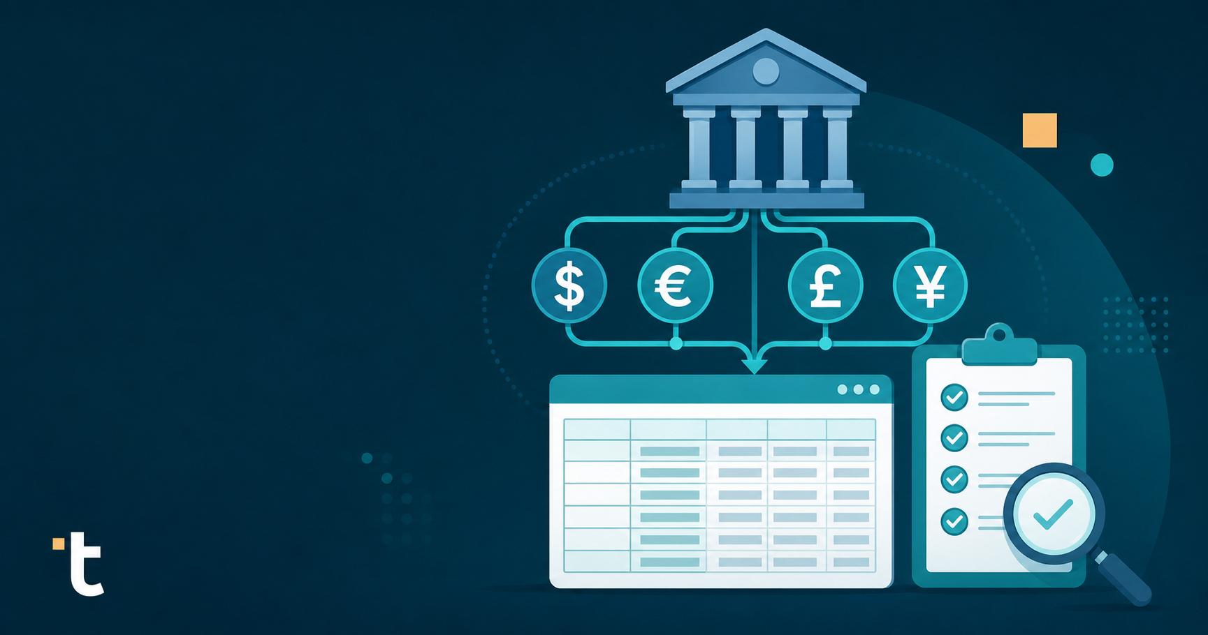 A clean, modern flat-style illustration of a foreign currency bank account setup concept: a bank building icon connected to multiple currency symbols (dollar, euro, pound, yen) flowing into a ledger or spreadsheet, with a checklist and magnifying glass nearby suggesting careful verification. Professional fintech illustration style, blue and teal color palette, no text or letters anywhere in the image.