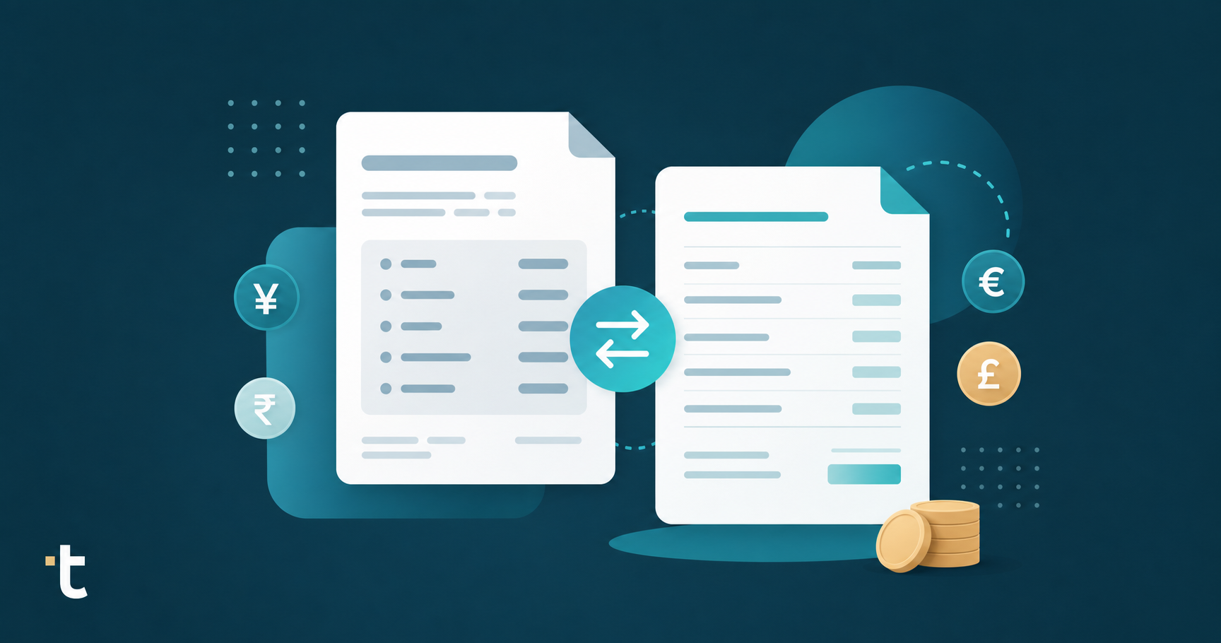 A modern flat-illustration style graphic showing two overlapping invoice documents side by side, one with right-to-left oriented abstract text lines and one with left-to-right oriented abstract text lines, connected by a translation/mapping icon in the middle, with small currency symbols and coin icons floating nearby to suggest multi-currency data. Clean, professional, minimal color palette with soft blues and greens, no text or letters anywhere in the image.