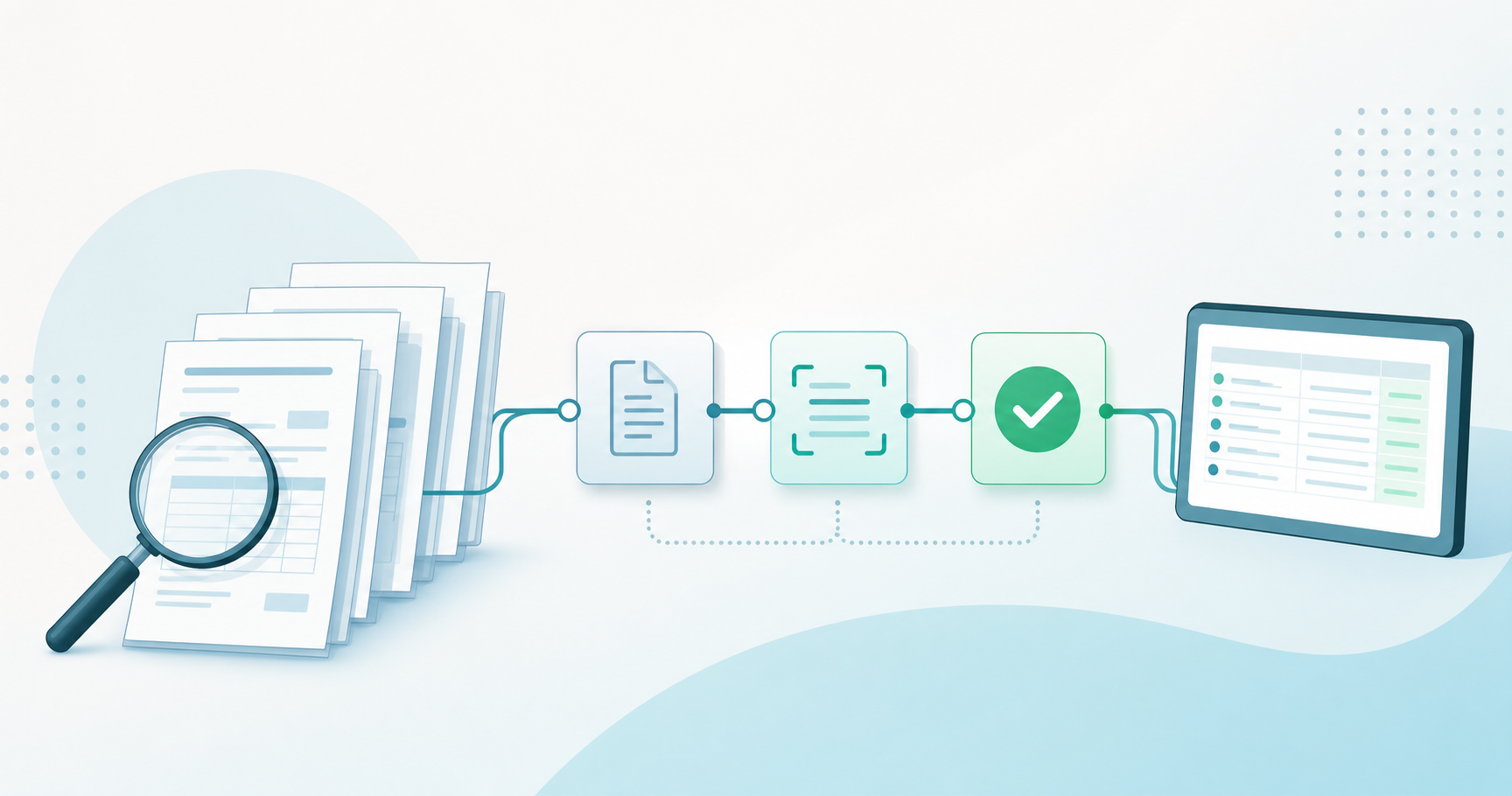 A modern flat-illustration style graphic showing a stack of invoice documents flowing through a series of connected checkpoints toward a digital ledger screen, symbolizing an automated document processing pipeline. Include visual elements like a magnifying glass over a document, a checkmark icon, and stylized data lines connecting each stage. Clean, professional, minimal color palette with soft blues and greens, no text or letters anywhere in the image.