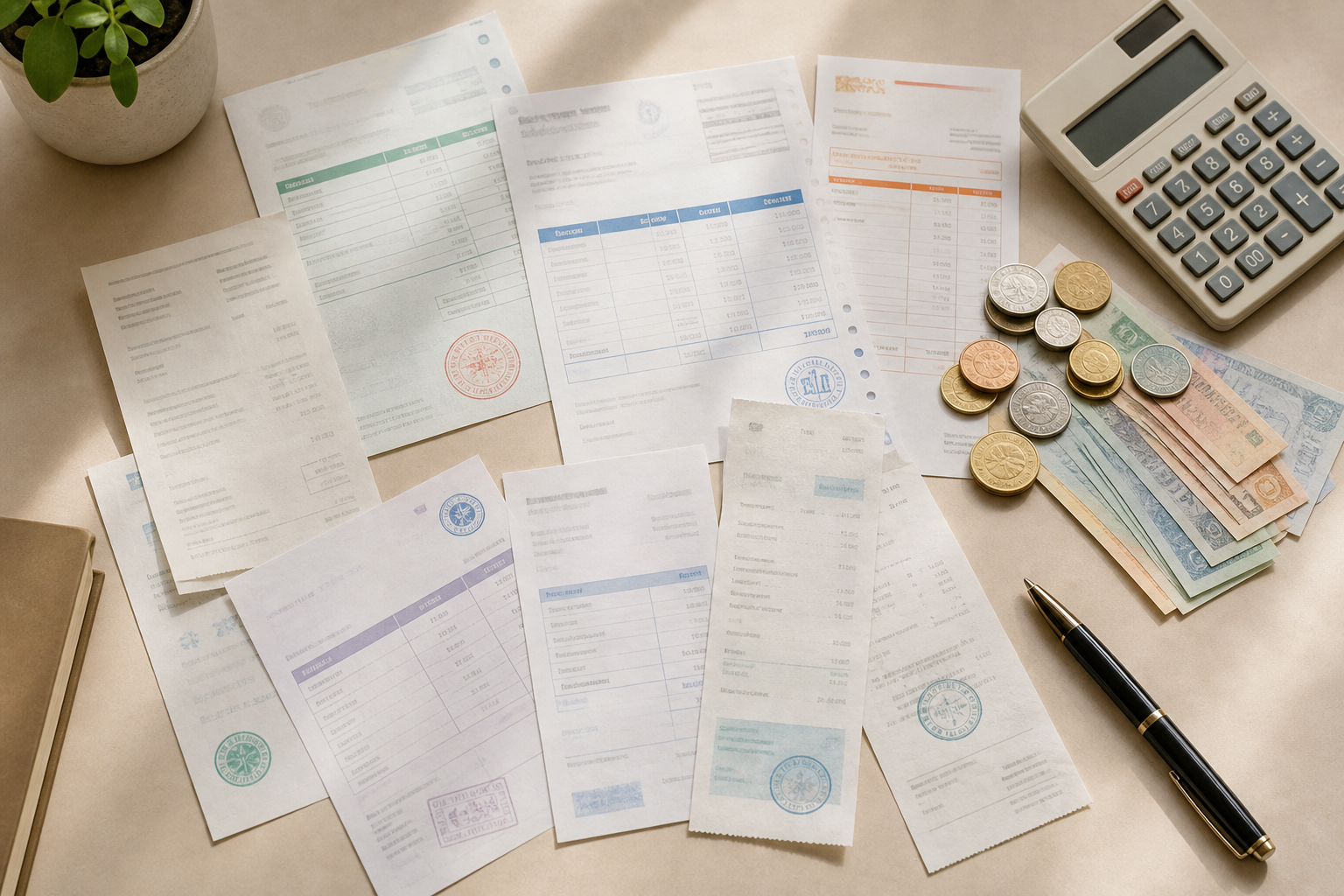 A flat-lay overhead photo of a workspace with several different paper invoice and receipt documents scattered across a desk, each with distinct visual layouts and stamps suggesting different origins and currencies, alongside a calculator, a pen, and a small stack of world currency coins and banknotes in muted tones. Warm natural lighting, professional accounting office aesthetic, no readable text or letters visible, shallow depth of field.