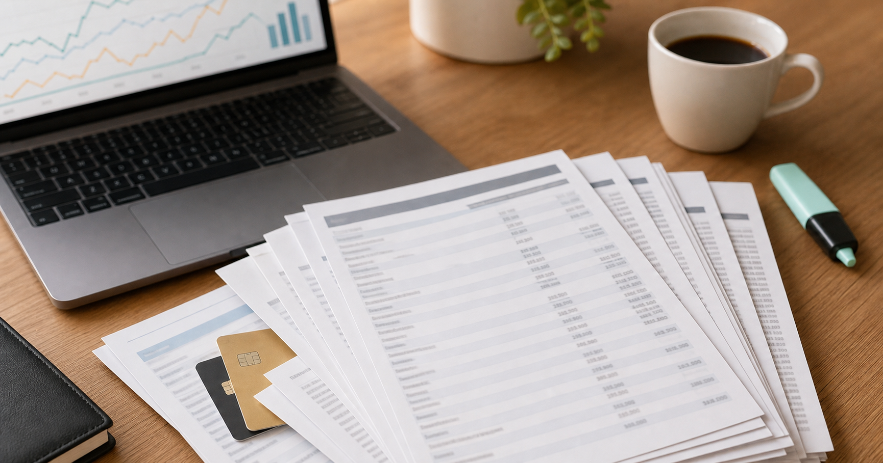A close-up flat-lay photo of a stack of bank and credit card statement papers with rows of transaction lines, partially fanned out on a wooden desk, next to a laptop showing abstract line charts, a highlighter, and a cup of coffee. Warm, professional office lighting, shallow depth of field, no readable text or letters visible, realistic photography style.