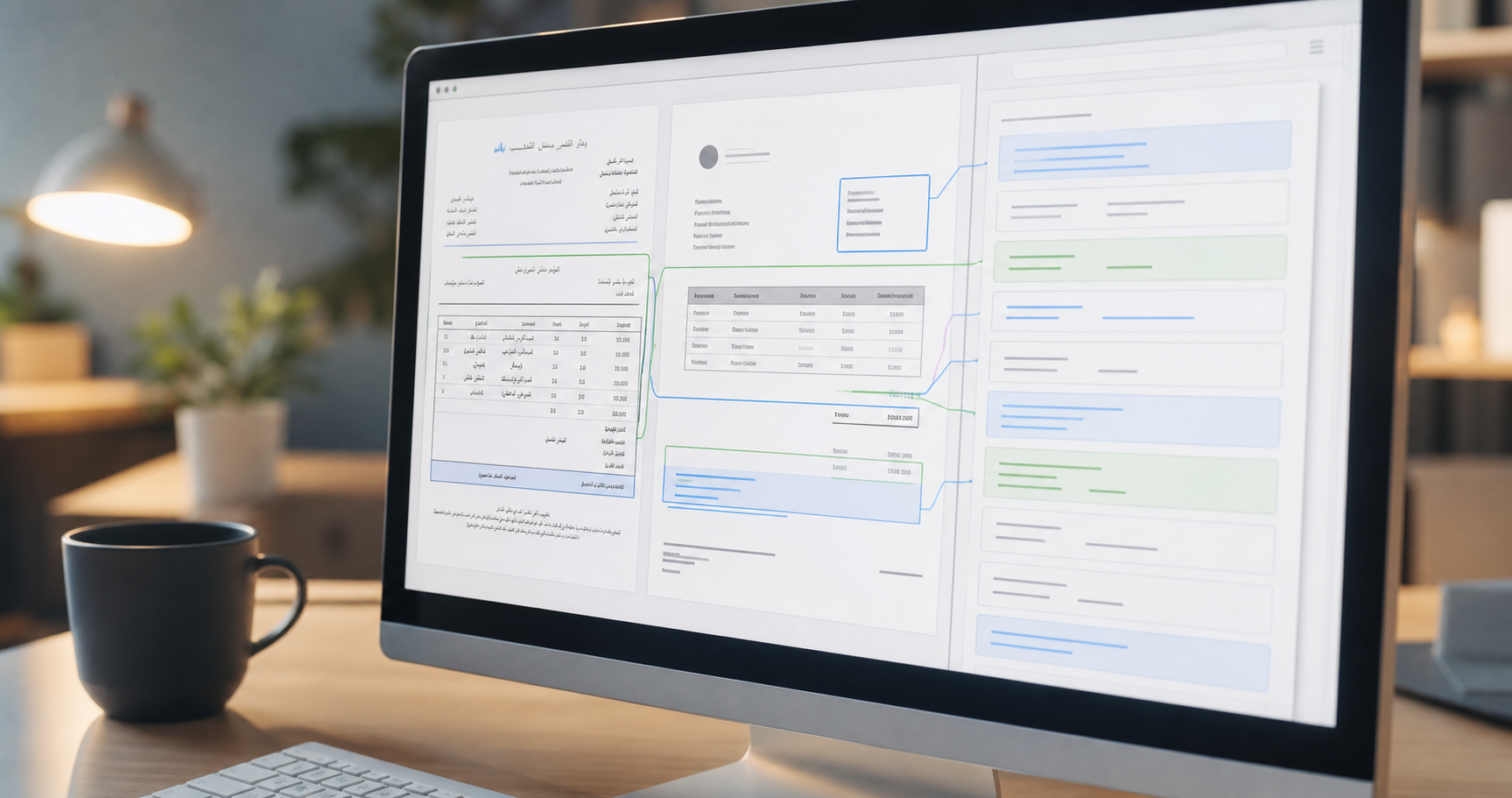 A close-up photo of a modern computer screen displaying a digital invoice document interface, with a bilingual invoice preview on the left showing dense text blocks in two different scripts and layouts, and on the right a clean structured data panel with highlighted rectangular boxes and colored underlines over different field regions indicating extracted data points, soft blue and green highlight overlays, a blurred office desk with a keyboard and coffee cup in the foreground, warm ambient office lighting, shallow depth of field, realistic photography style