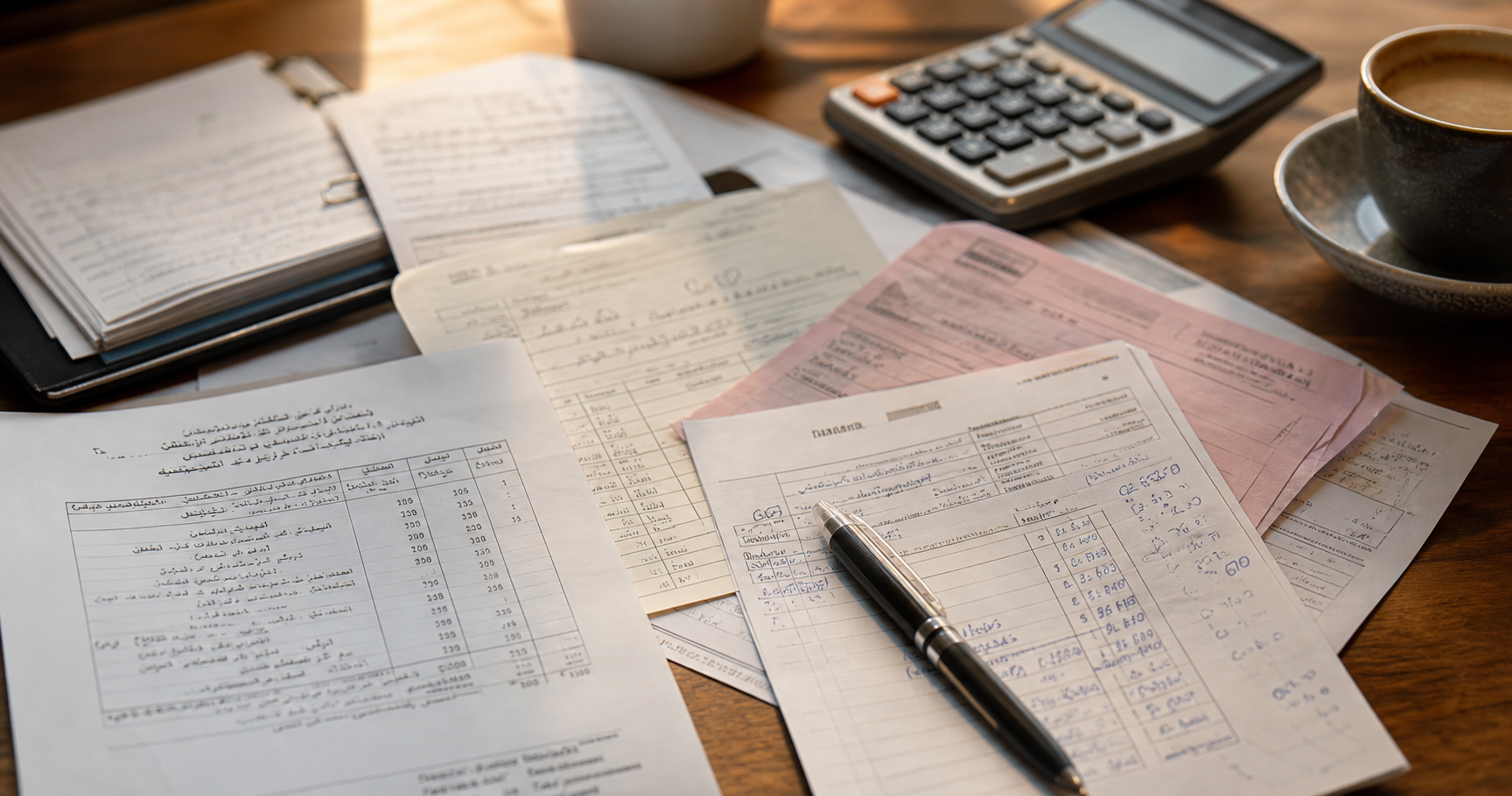 A close-up photo of a messy desk at a small trading office, showing several different paper invoices and delivery slips scattered and slightly overlapping, some with dense right-to-left script text blocks and dense left-to-right script text blocks in different fonts and layouts, one handwritten note in the margin, a calculator, a pen, and a coffee cup nearby, warm natural window light, shallow depth of field, realistic photography style