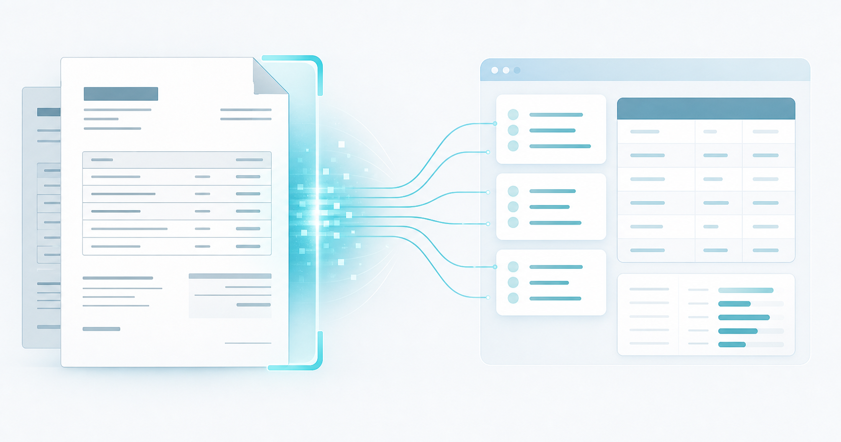 A clean, modern illustration of a bilingual invoice document with visible line items and account codes being scanned and digitized by a soft glowing overlay, transforming into organized structured data blocks that flow into a ledger interface. Style: minimal, professional, tech-forward, cool blue and white palette, no text, no words, no letters, no numbers.