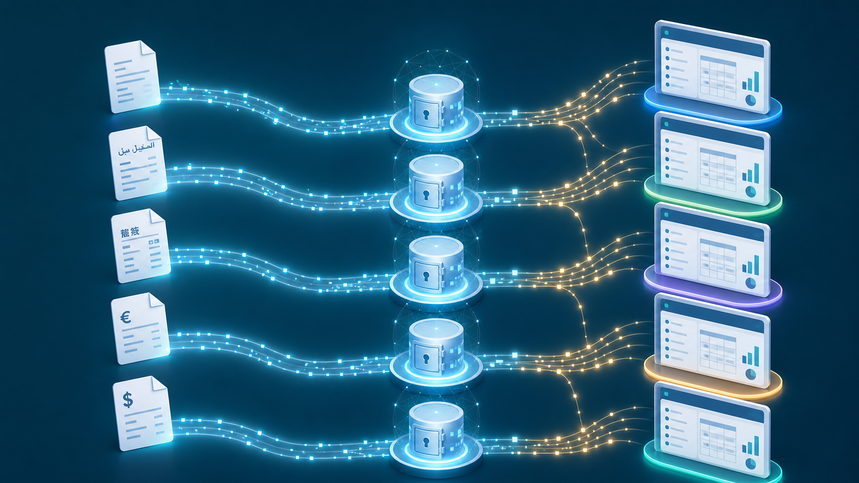 A clean, modern illustration showing multiple separate glowing document streams (invoices in different scripts and currency symbols) flowing into distinct isolated data vaults or nodes, each connected to a different accounting ledger icon (representing separate client knowledge engines), with soft interconnected light trails showing organized, coded data moving outward to several ledger interface panels. Style: minimal, professional, tech-forward, cool blue and white palette, no text, no words, no letters, no numbers.