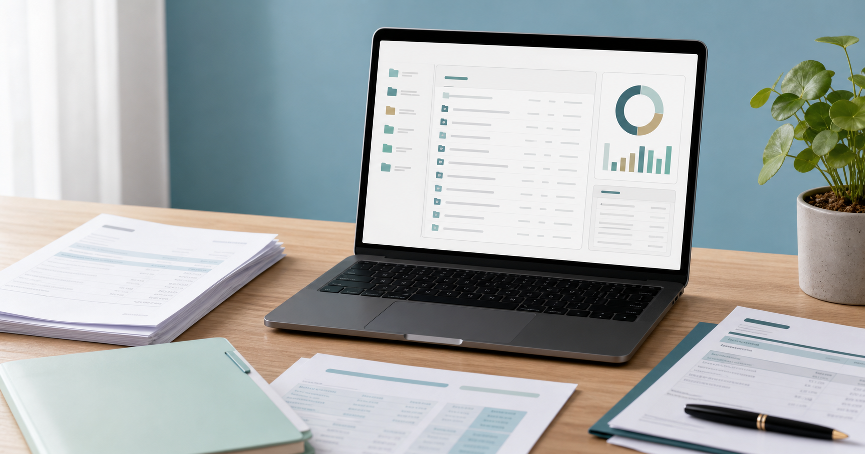 A clean, modern flat-lay photograph showing a laptop screen displaying an organized accounting dashboard with neat rows of financial data and small folder/document icons, surrounded by a few printed bank statements and invoices on a tidy wooden desk, soft natural daylight, professional bookkeeping office setting, subtle blue and green accent tones, no text or symbols visible