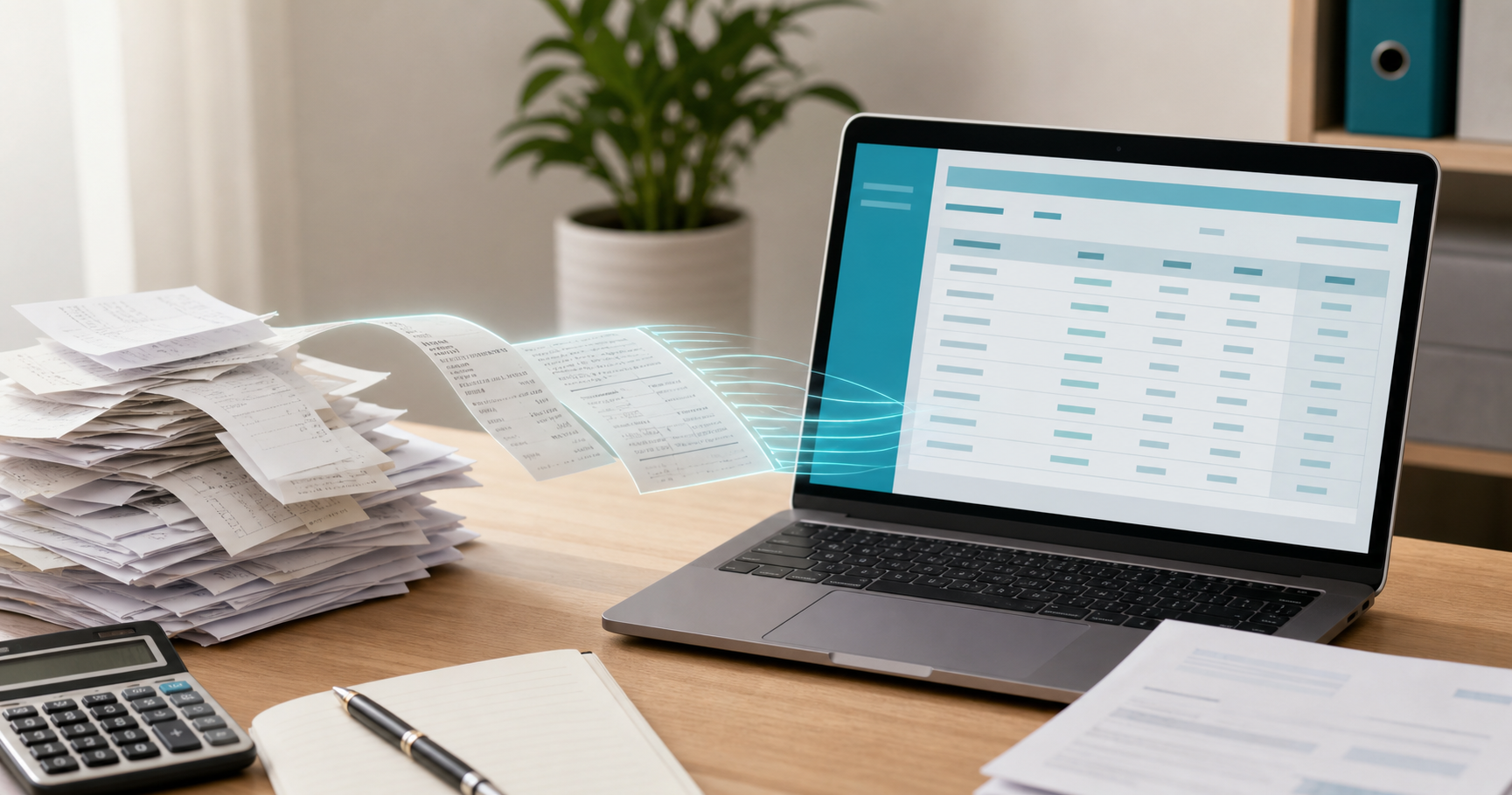 A clean, modern flat-lay photograph of a bookkeeper's desk showing paper receipts and invoices being transformed into organized digital data on a laptop screen, with subtle glowing scan lines over the documents suggesting automated extraction, soft natural lighting, professional accounting office setting, no text or symbols visible